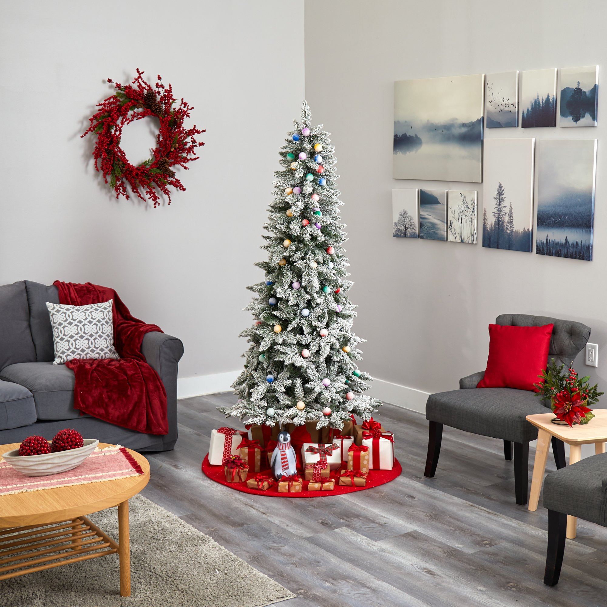 5' Flocked British Columbia Mountain Fir Artificial Christmas Tree with 50 Multi Color Globe Bulbs and 379 Bendable Branches - Image 5
