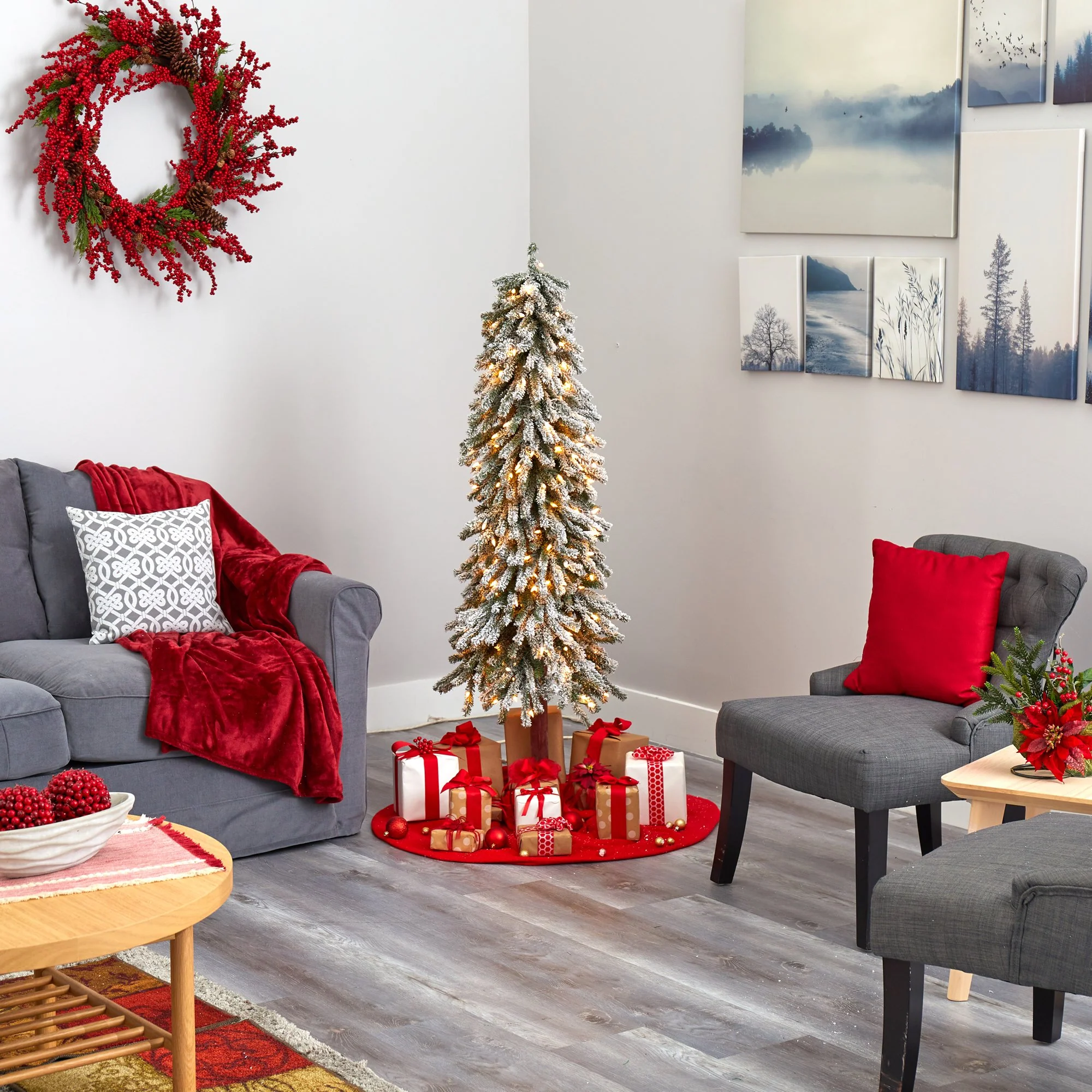5’ Flocked Grand Alpine Artificial Christmas Tree with 200 Clear Lights and 469 Bendable Branches on Natural Trunk - Image 6