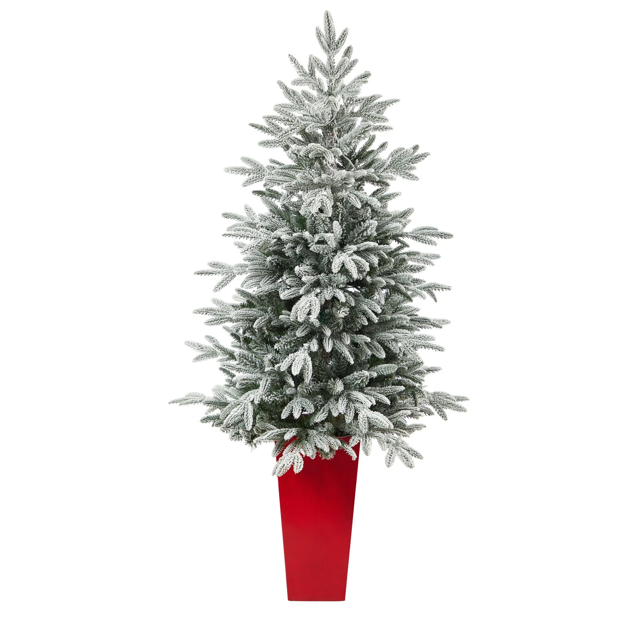 5’ Flocked Manchester Spruce Artificial Christmas Tree with 100 Lights and 357 Bendable Branches in Red Tower Planter - Image 3
