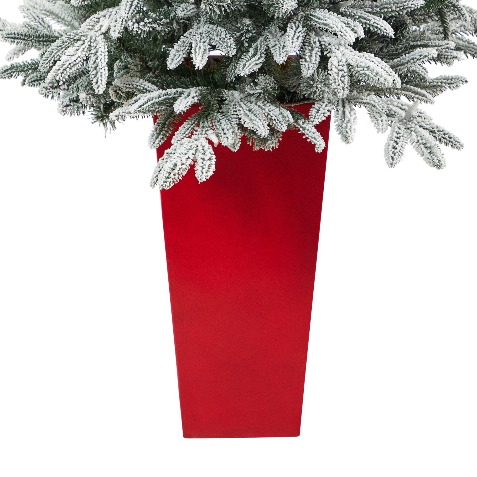 5’ Flocked Manchester Spruce Artificial Christmas Tree with 100 Lights and 357 Bendable Branches in Red Tower Planter - Image 6