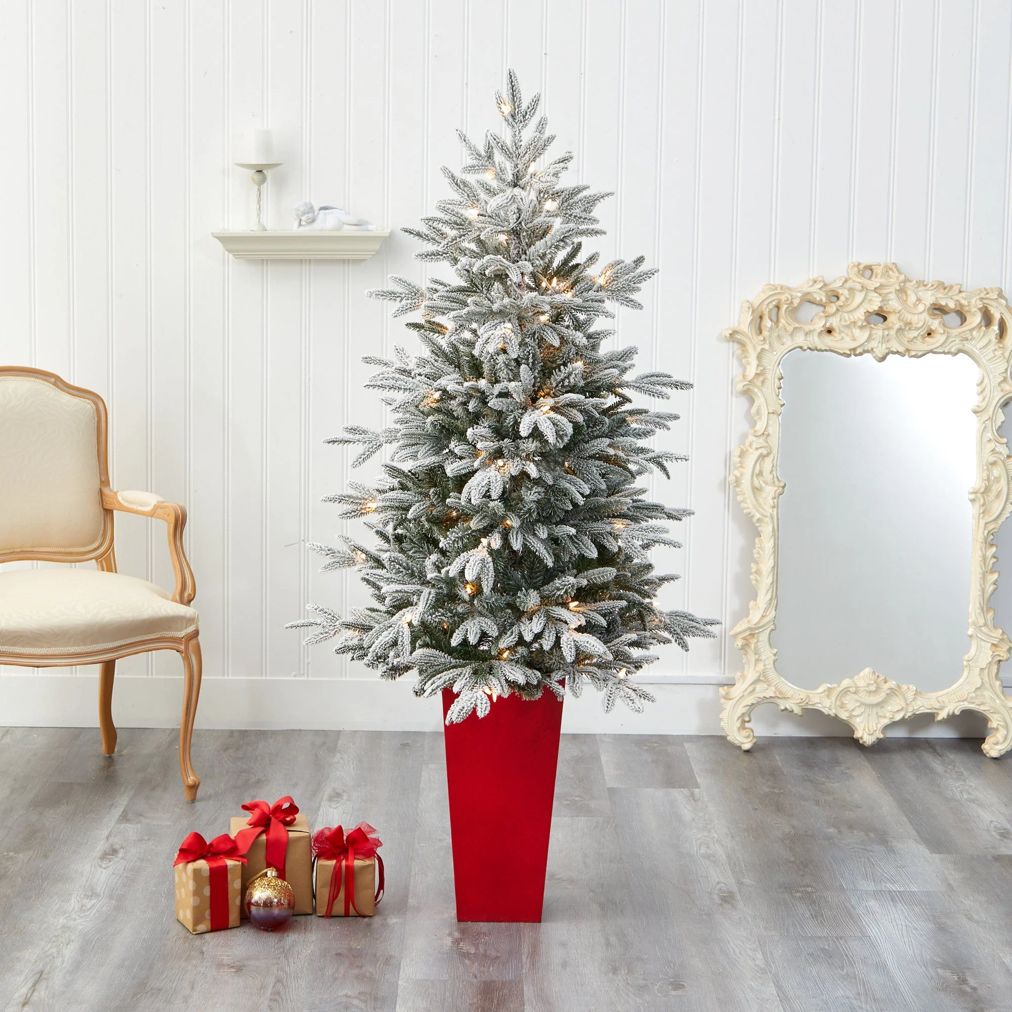 5’ Flocked Manchester Spruce Artificial Christmas Tree with 100 Lights and 357 Bendable Branches in Red Tower Planter - Image 7