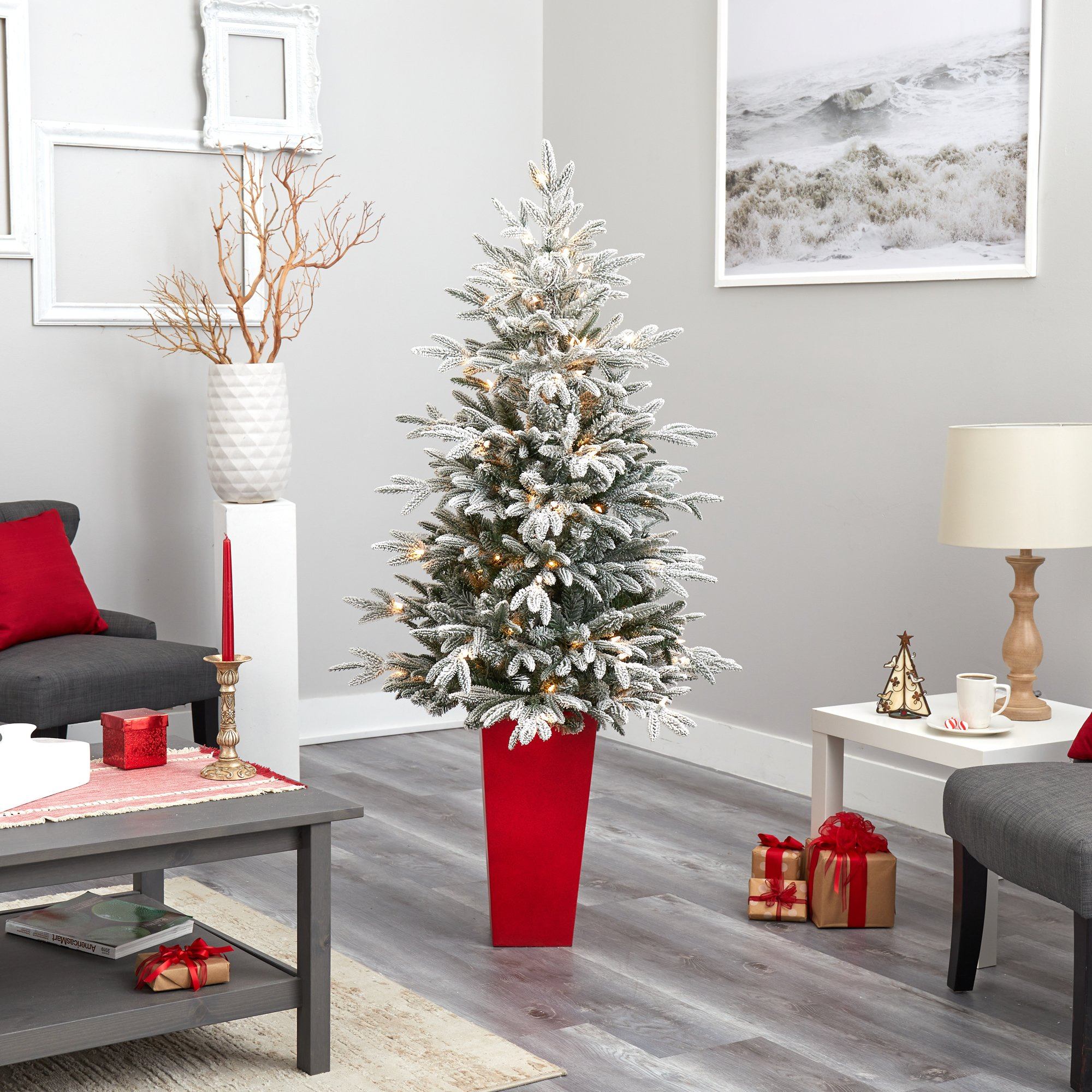 5’ Flocked Manchester Spruce Artificial Christmas Tree with 100 Lights and 357 Bendable Branches in Red Tower Planter - Image 8