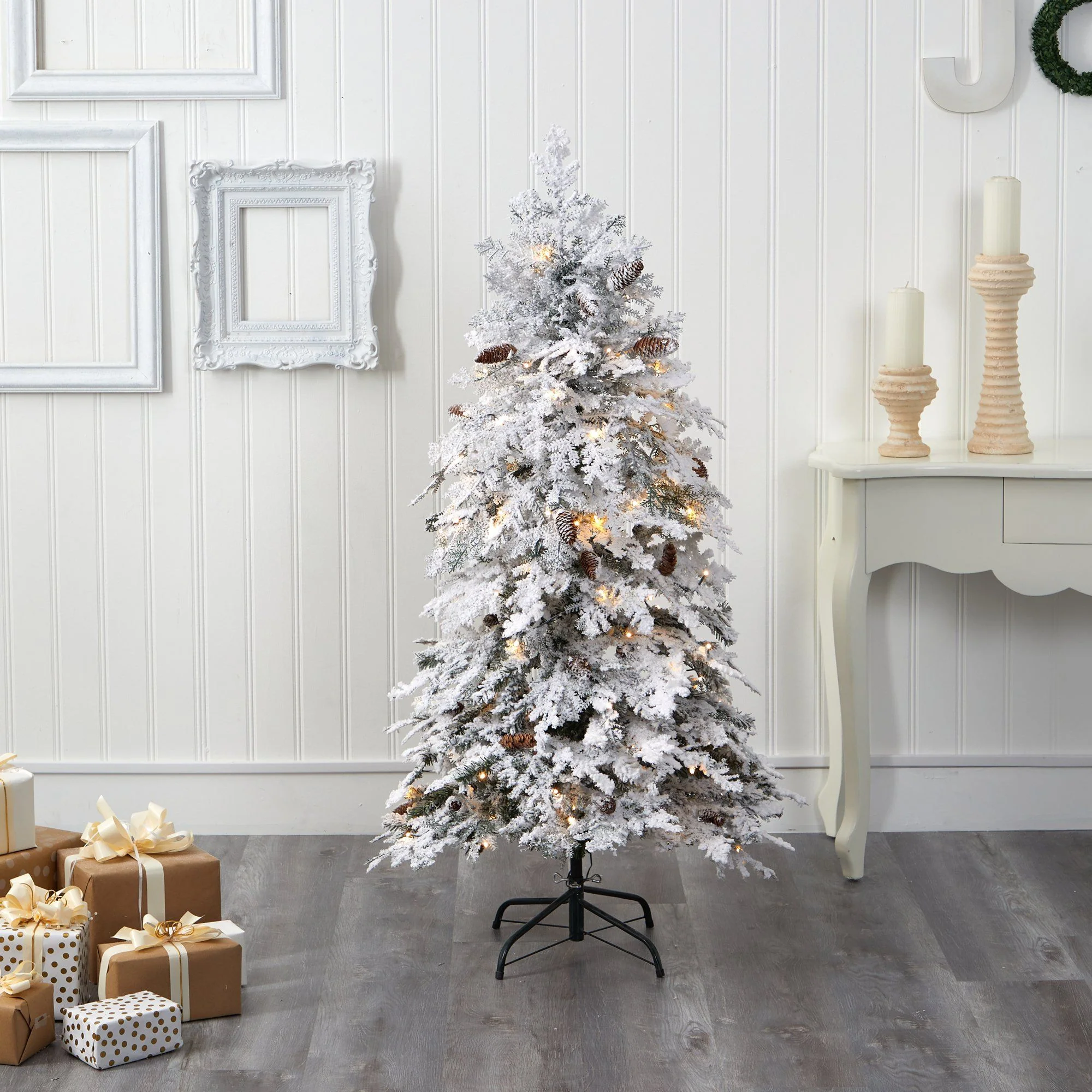 5' Flocked Montana Down Swept Spruce Artificial Christmas Tree with 100 Clear LED Lights - Image 5