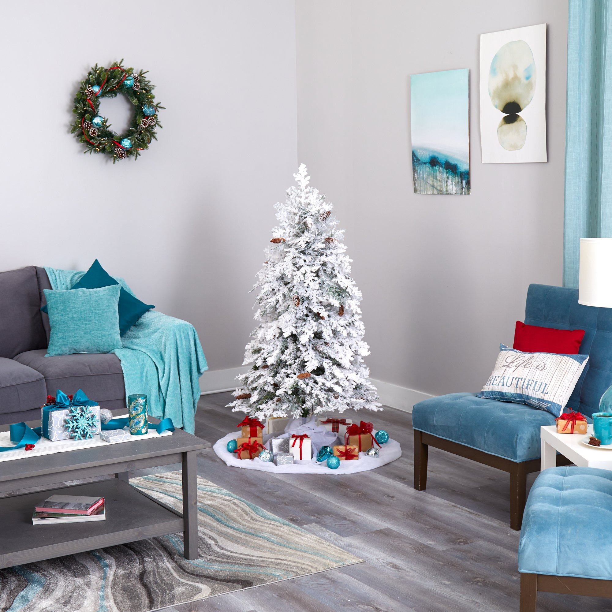 5' Flocked Montana Down Swept Spruce Artificial Christmas Tree with 100 Clear LED Lights - Image 7