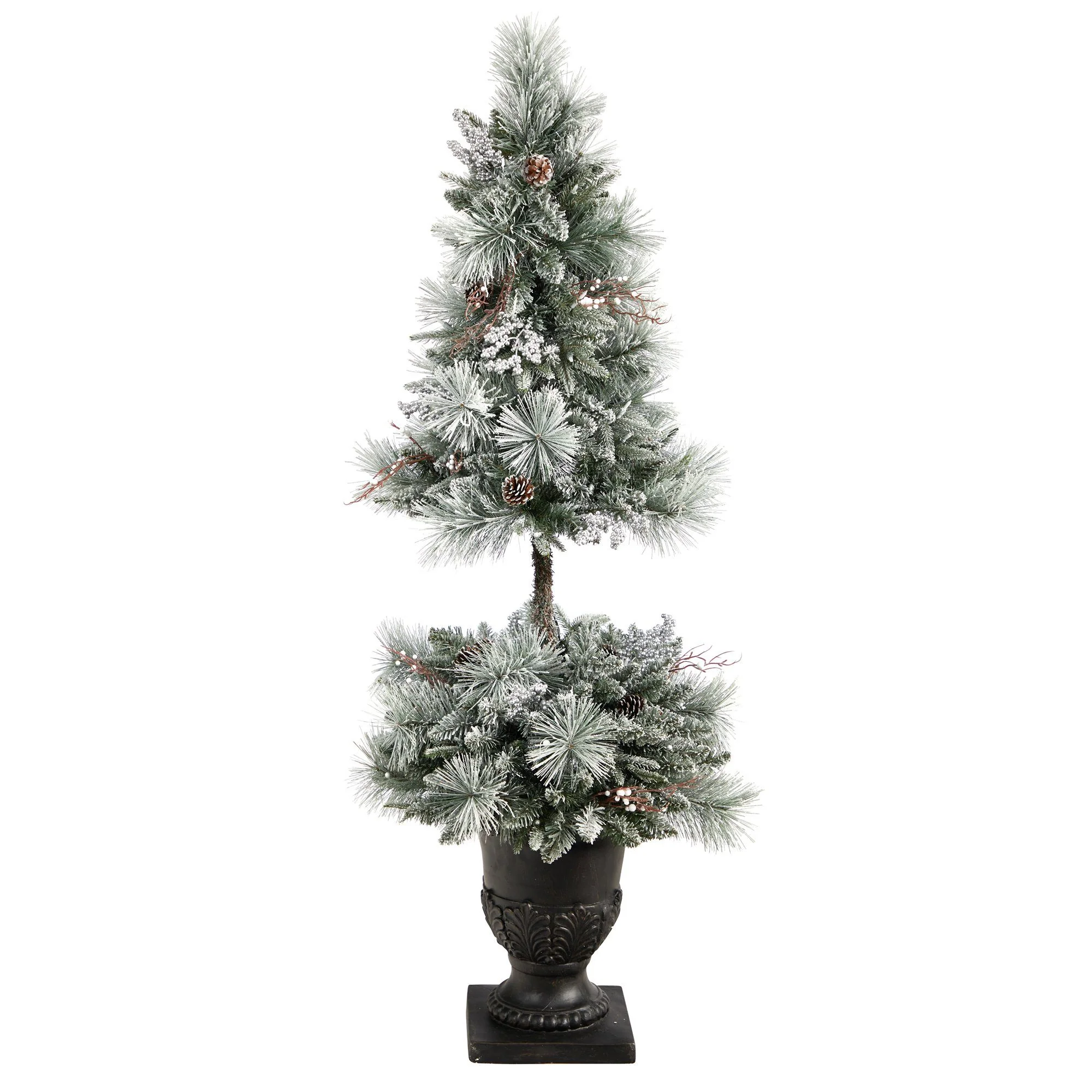 5’ Flocked Porch Christmas Tree with 100 LED Lights and 186 Bendable Branches in Decorative Urn - Image 3