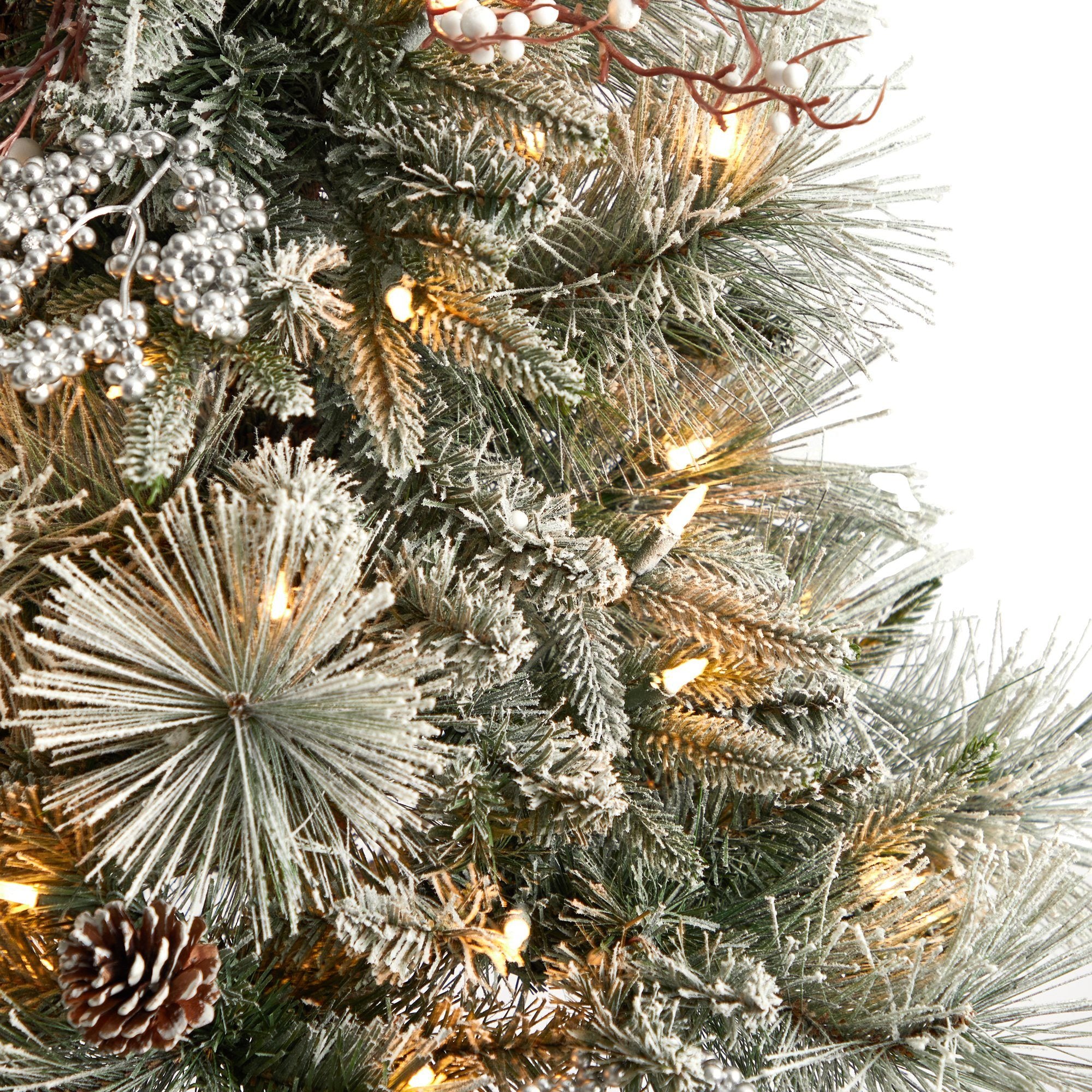 5’ Flocked Porch Christmas Tree with 100 LED Lights and 186 Bendable Branches in Decorative Urn - Image 4