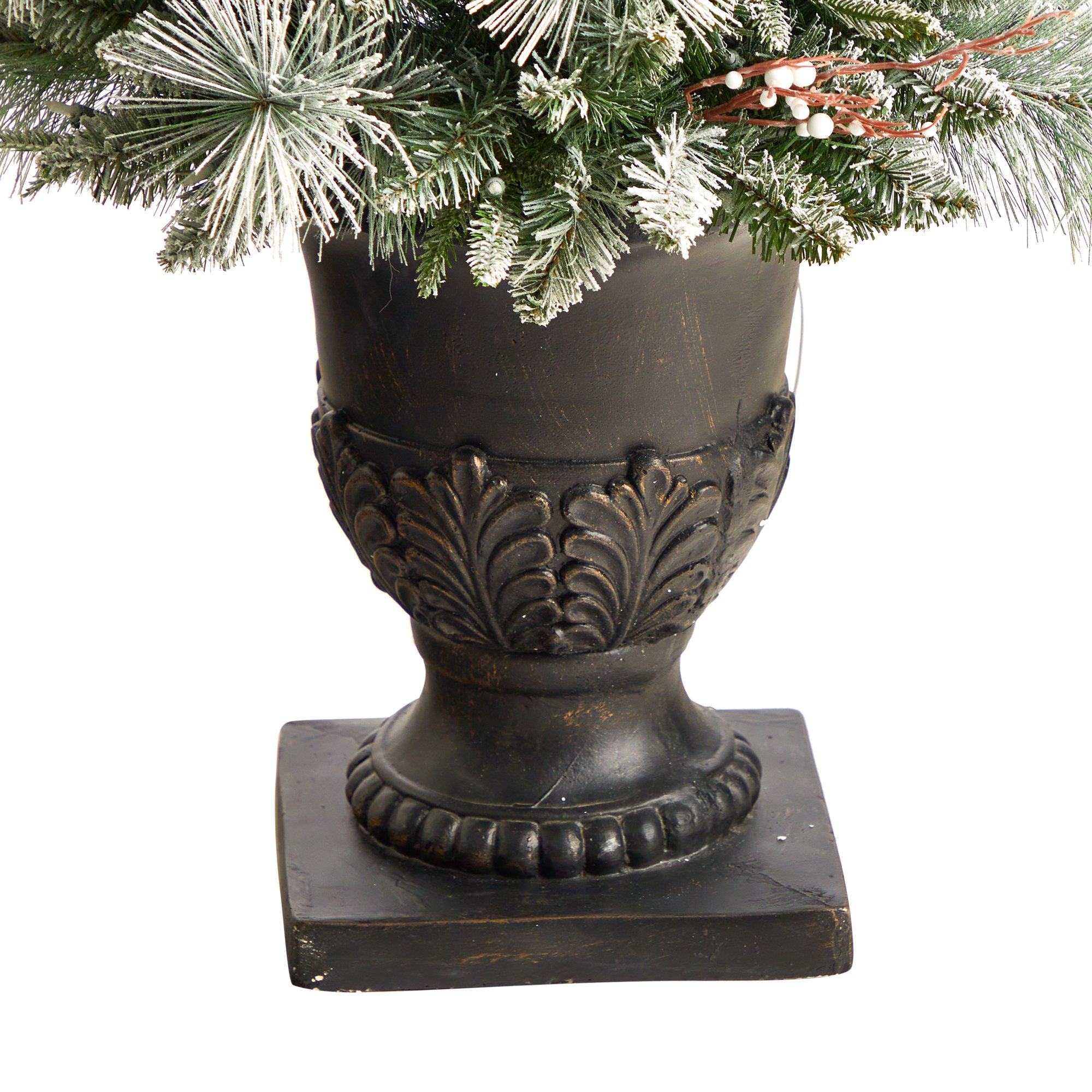 5’ Flocked Porch Christmas Tree with 100 LED Lights and 186 Bendable Branches in Decorative Urn - Image 6