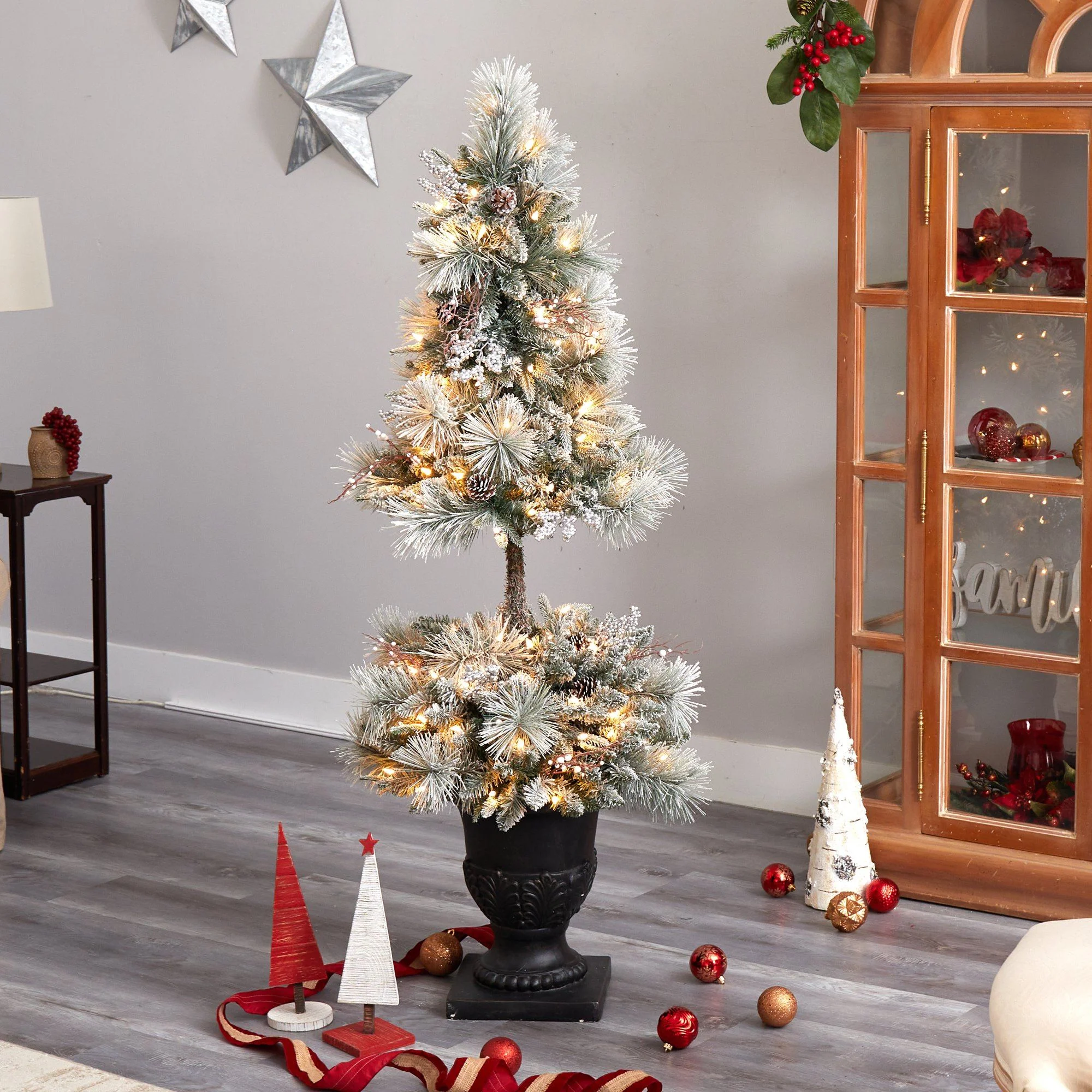 5’ Flocked Porch Christmas Tree with 100 LED Lights and 186 Bendable Branches in Decorative Urn - Image 7