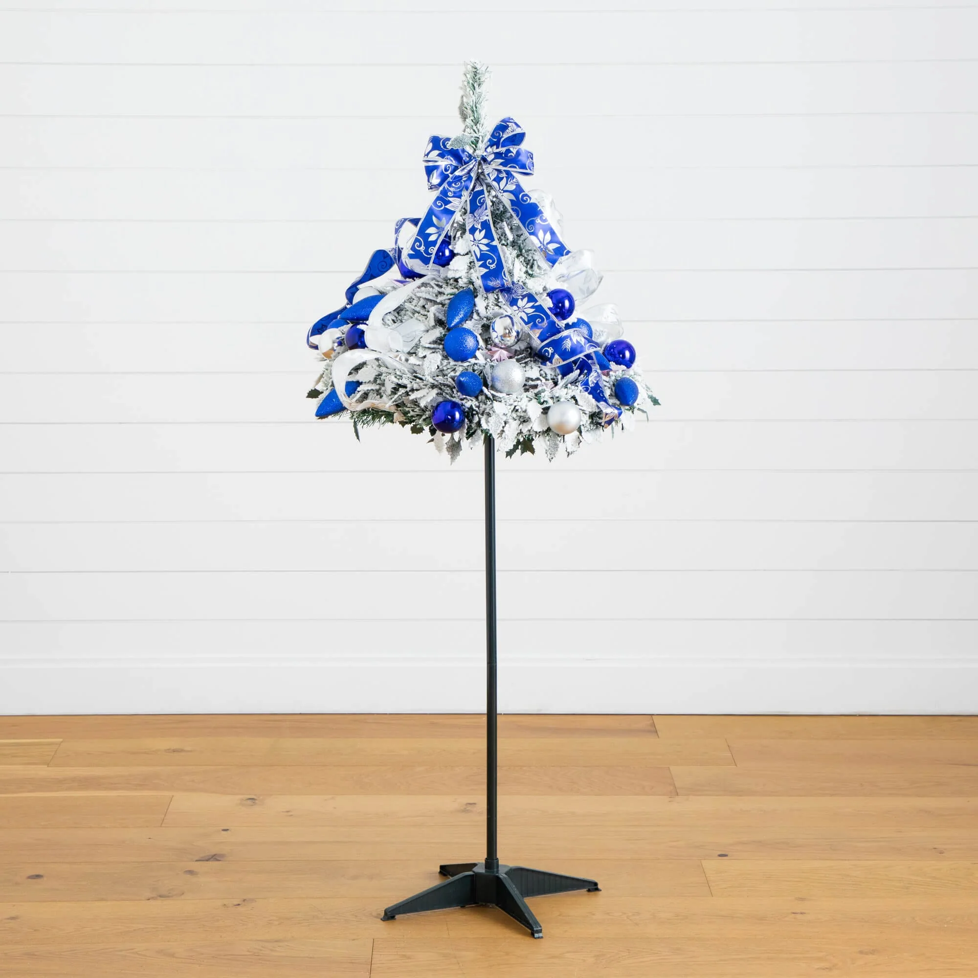 5' Pre-Lit Artificial Pop Up Flocked Christmas Tree with Silver & Blue Ornaments, Ribbons  and 100 Warm White LED Lights - Image 12