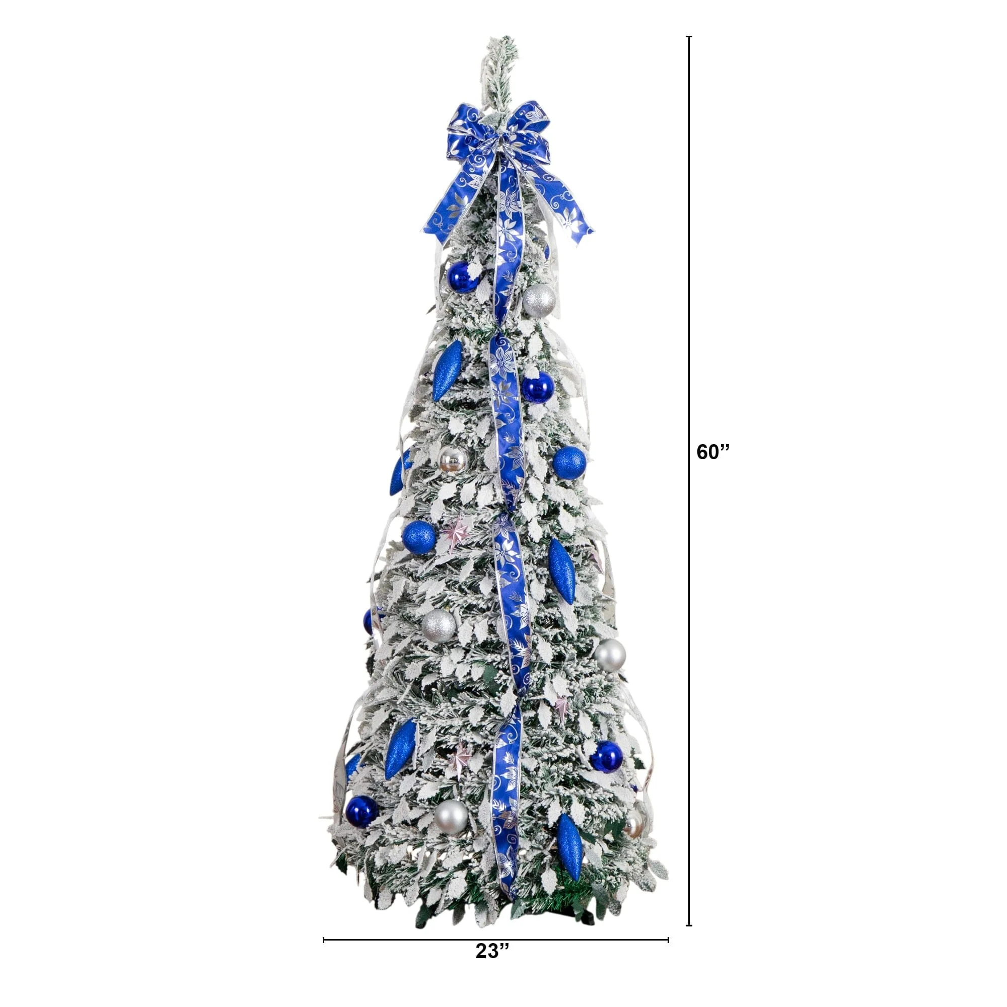 5' Pre-Lit Artificial Pop Up Flocked Christmas Tree with Silver & Blue Ornaments, Ribbons  and 100 Warm White LED Lights - Image 14