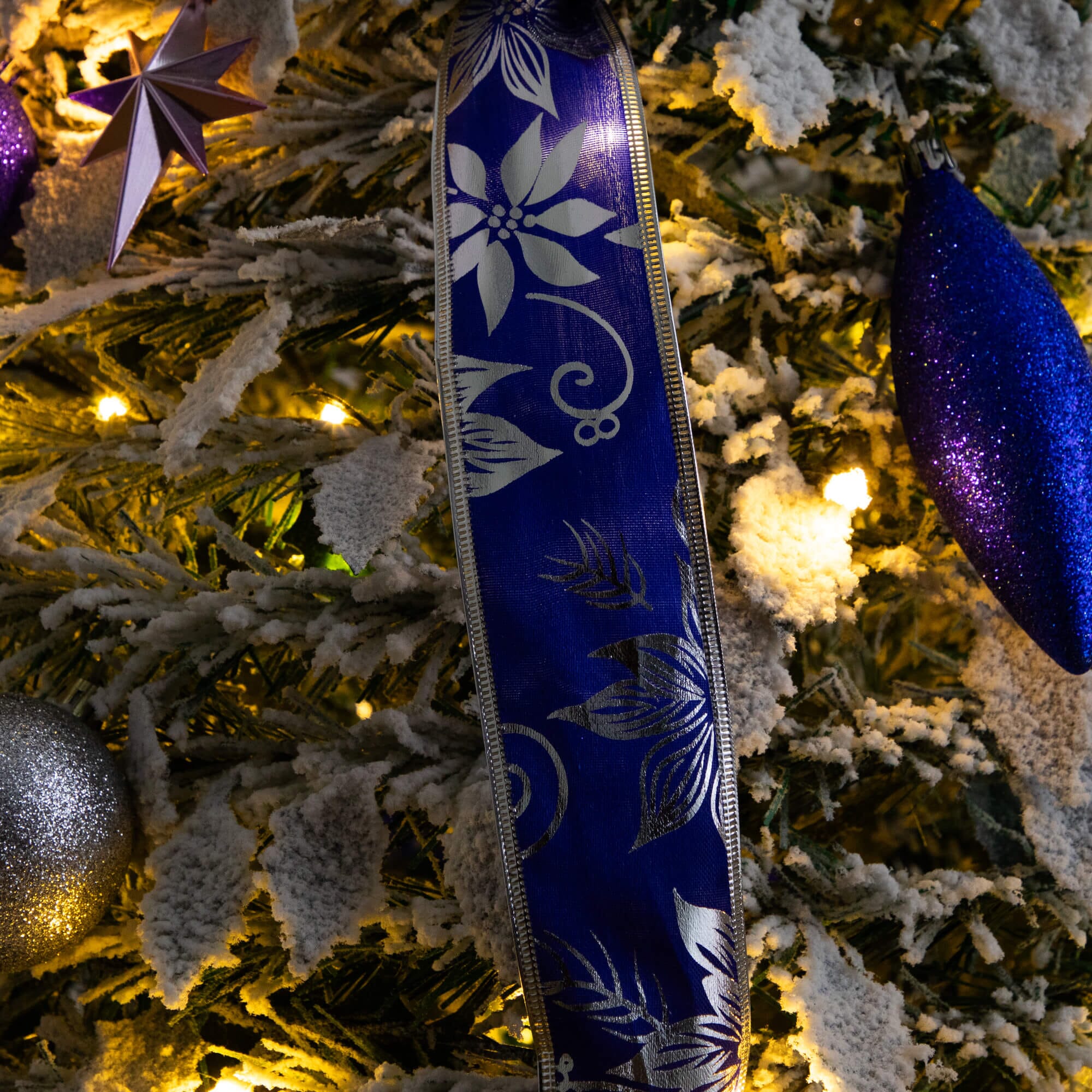 5' Pre-Lit Artificial Pop Up Flocked Christmas Tree with Silver & Blue Ornaments, Ribbons  and 100 Warm White LED Lights - Image 2