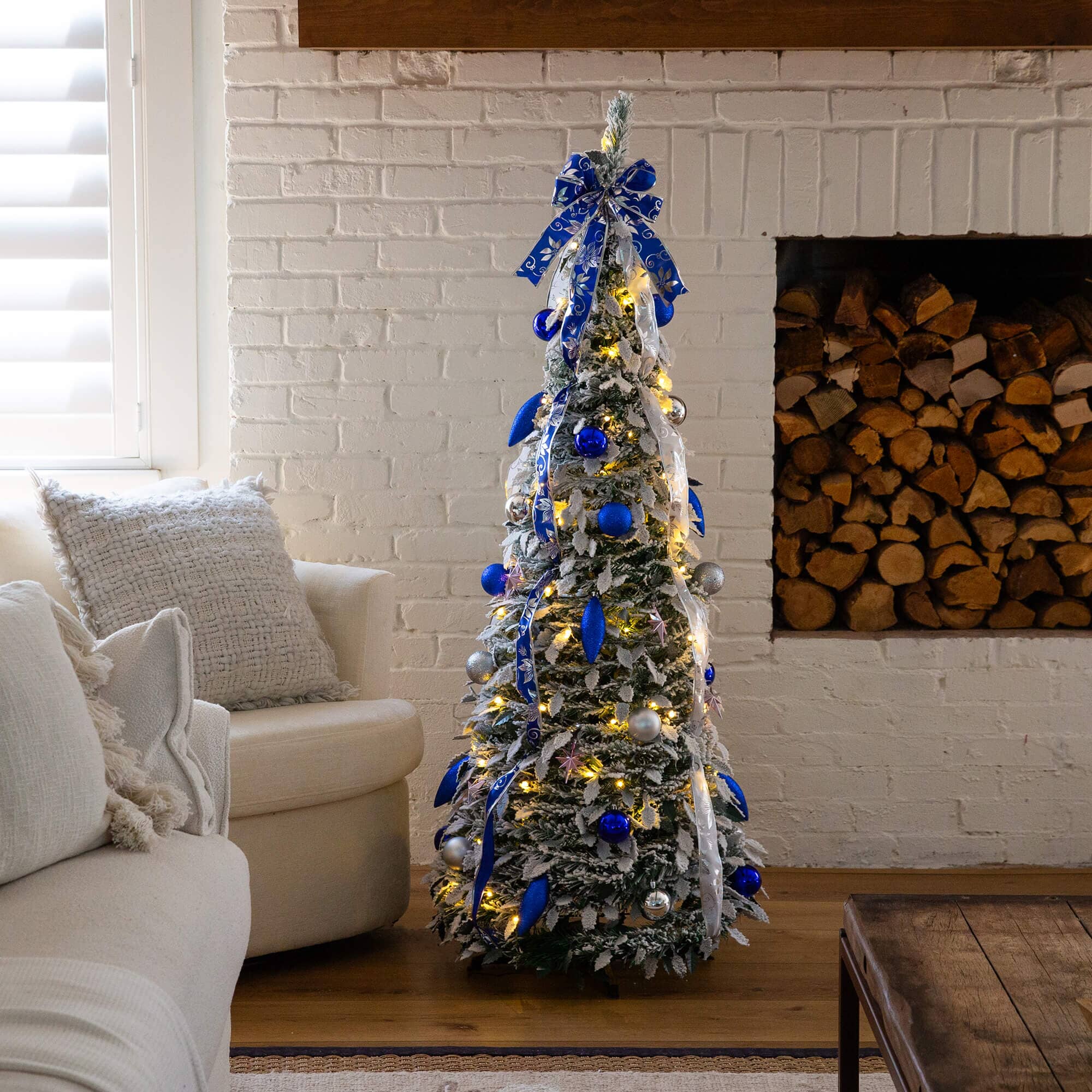 5' Pre-Lit Artificial Pop Up Flocked Christmas Tree with Silver & Blue Ornaments, Ribbons  and 100 Warm White LED Lights - Image 3