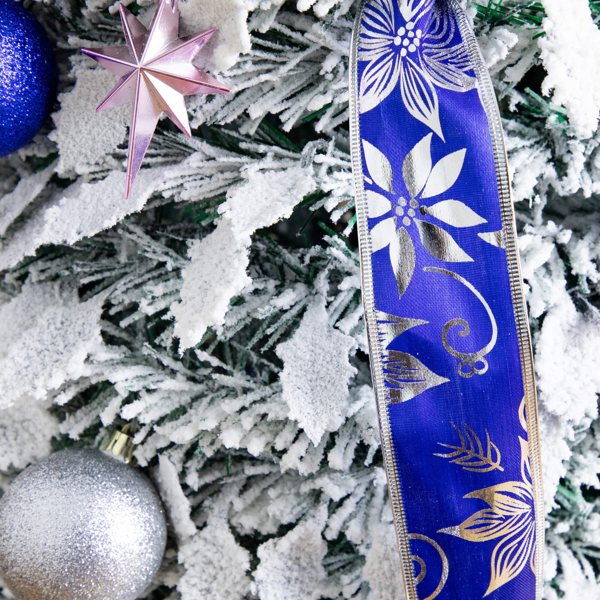 5' Pre-Lit Artificial Pop Up Flocked Christmas Tree with Silver & Blue Ornaments, Ribbons  and 100 Warm White LED Lights - Image 4