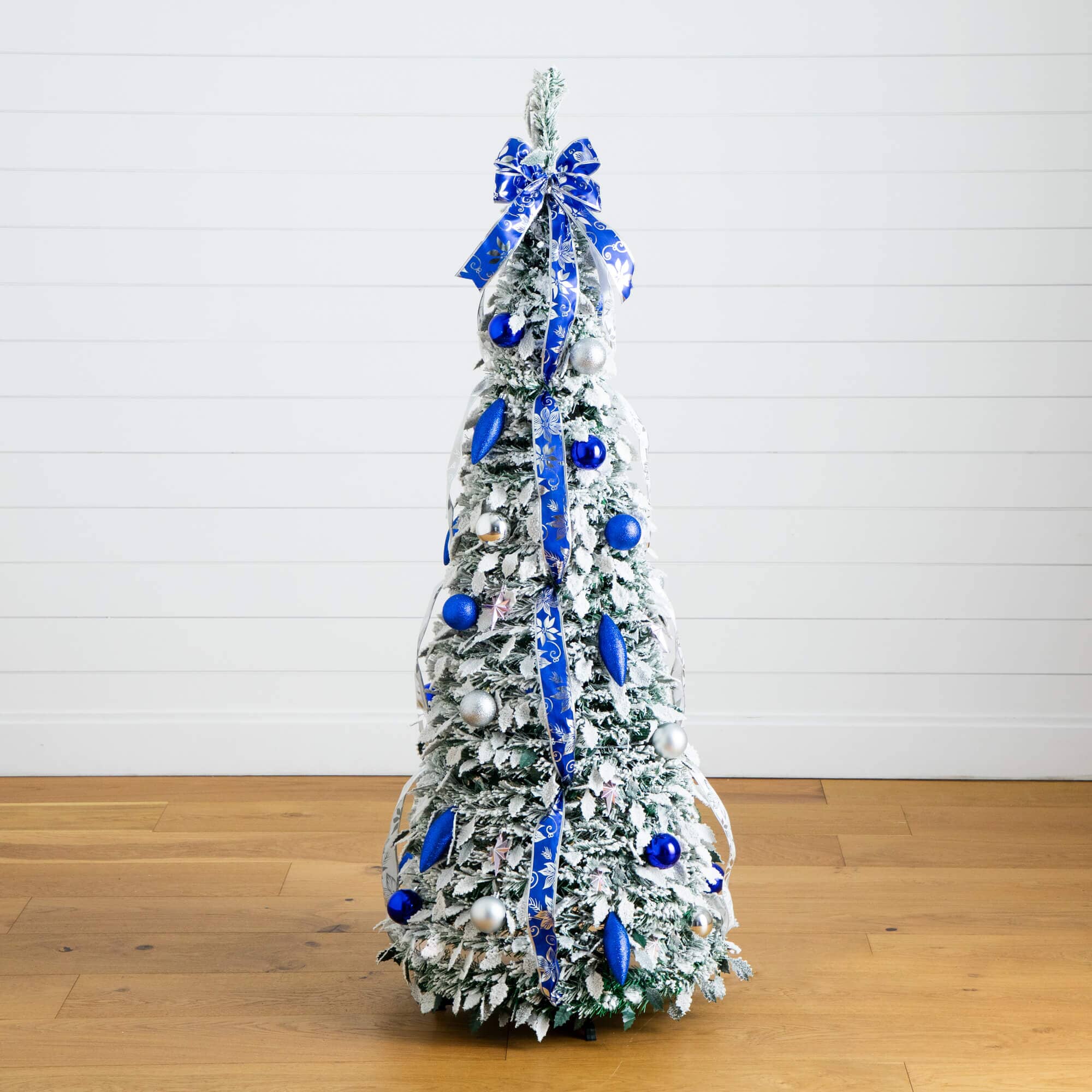 5' Pre-Lit Artificial Pop Up Flocked Christmas Tree with Silver & Blue Ornaments, Ribbons  and 100 Warm White LED Lights - Image 5