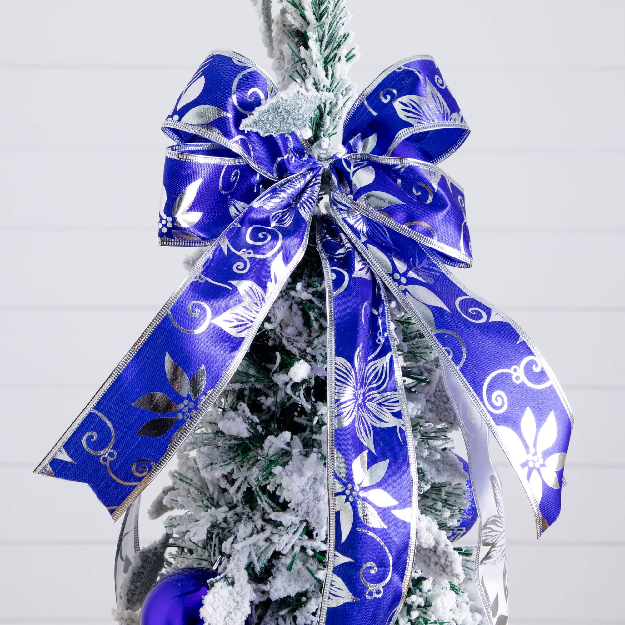 5' Pre-Lit Artificial Pop Up Flocked Christmas Tree with Silver & Blue Ornaments, Ribbons  and 100 Warm White LED Lights - Image 6