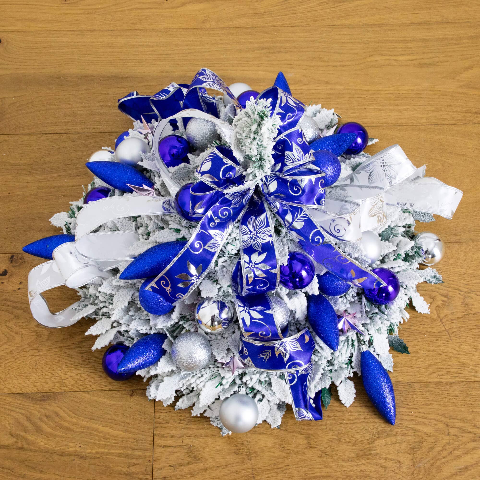 5' Pre-Lit Artificial Pop Up Flocked Christmas Tree with Silver & Blue Ornaments, Ribbons  and 100 Warm White LED Lights - Image 7
