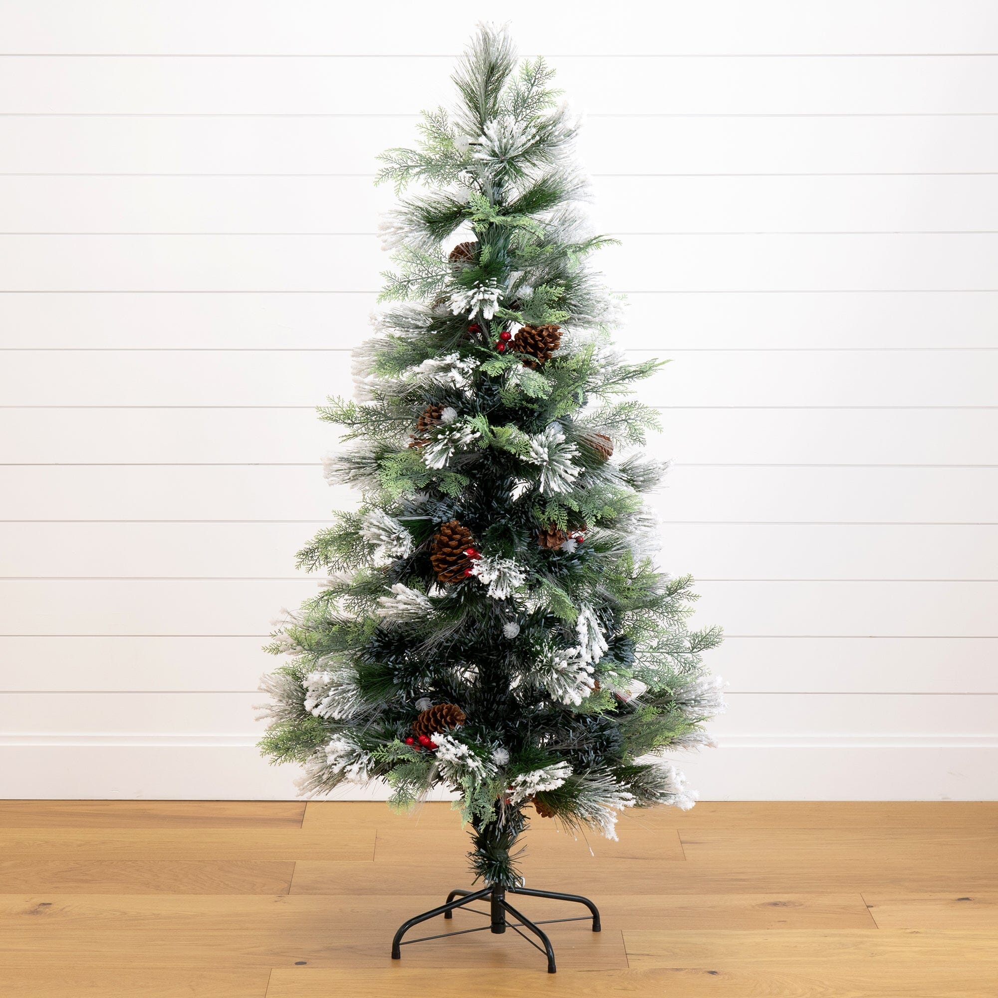 5' Flocked Pre-Lit Fiber Optic Artificial Pinecone & Berries Christmas Tree with 48 White LED Lights - Image 5