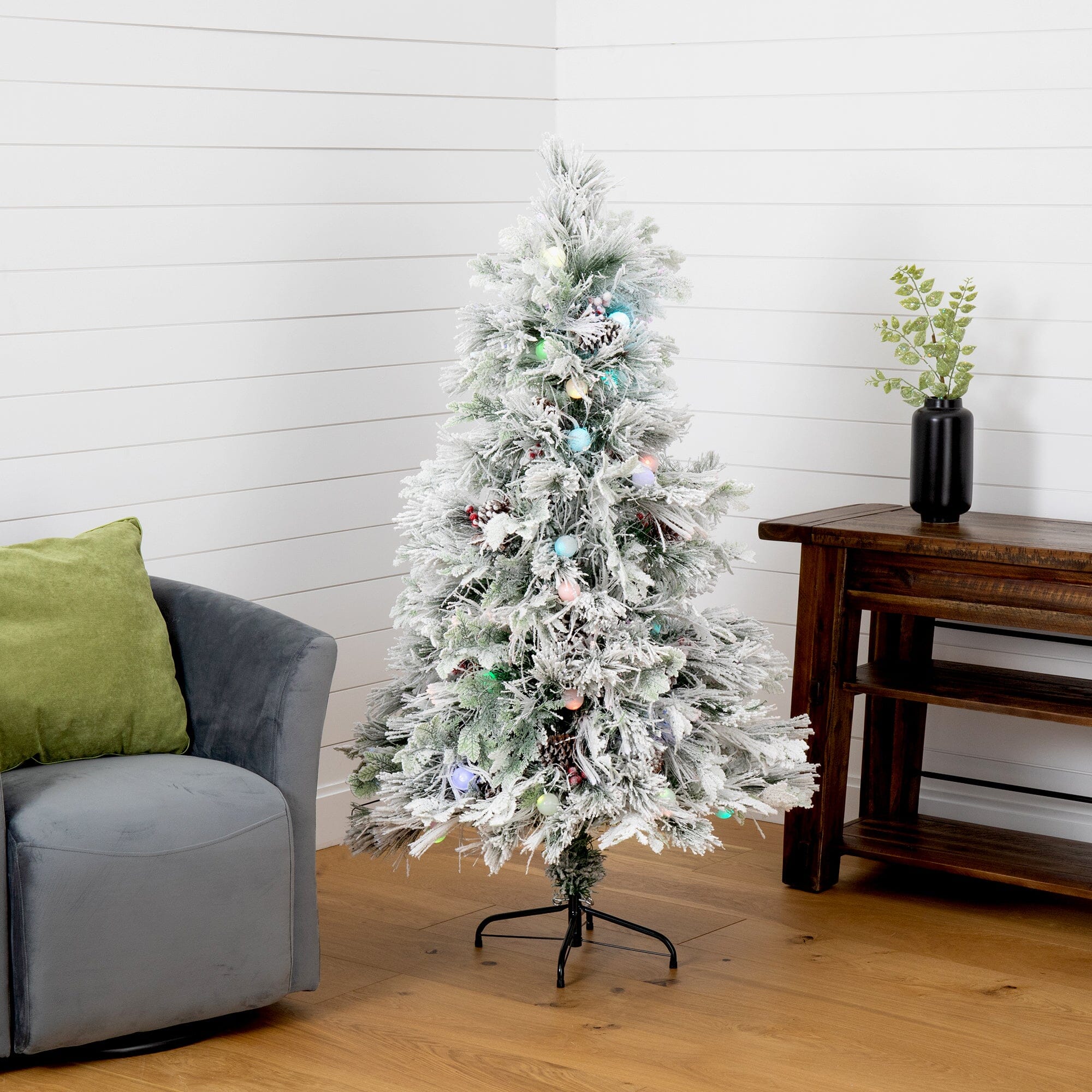 5' Flocked Pre-Lit Fiber Optic Artificial Pinecone Christmas Tree with 50 Colorful LED Lights - Image 6