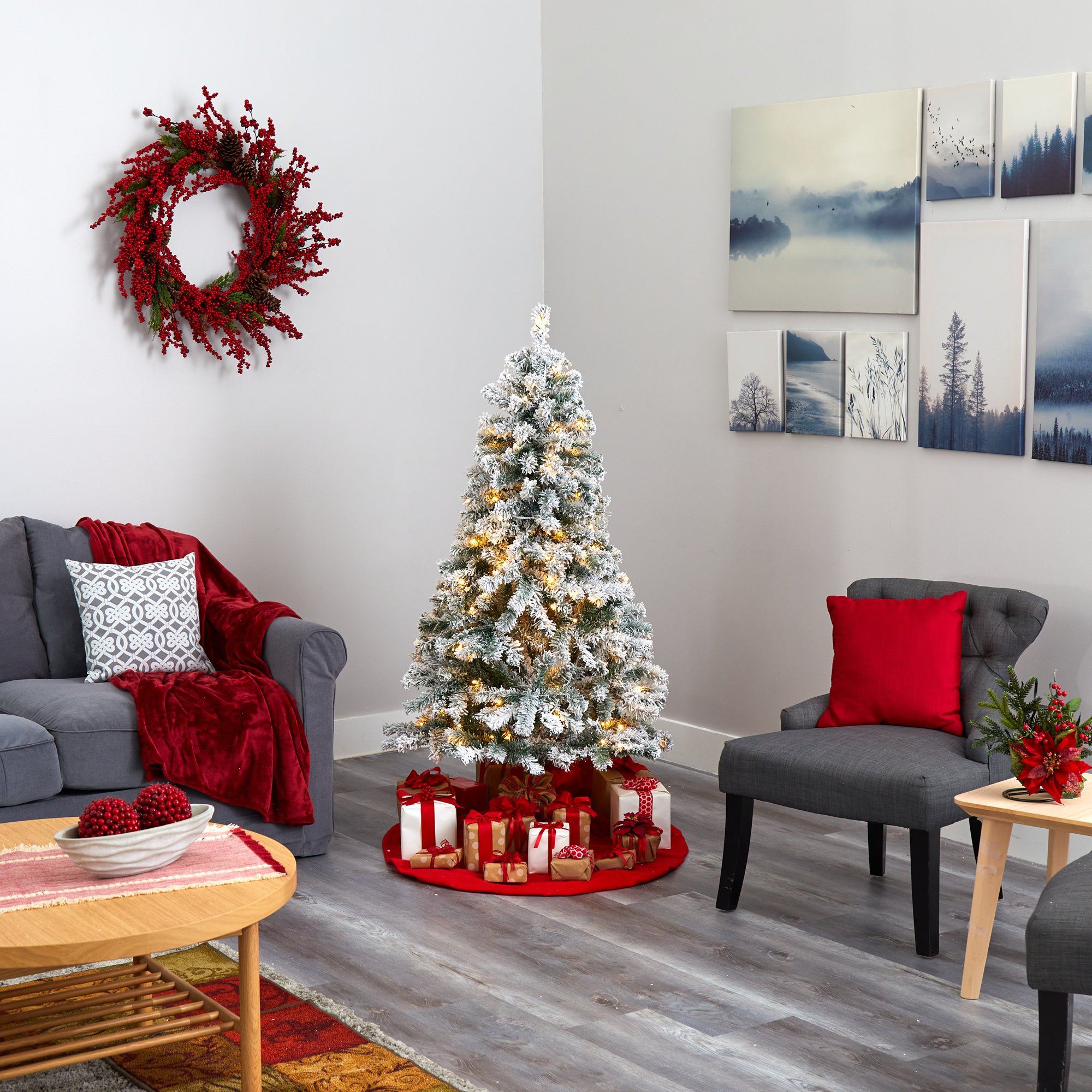5' Flocked Rock Springs Spruce Artificial Christmas Tree with 150 Clear LED Lights - Image 5