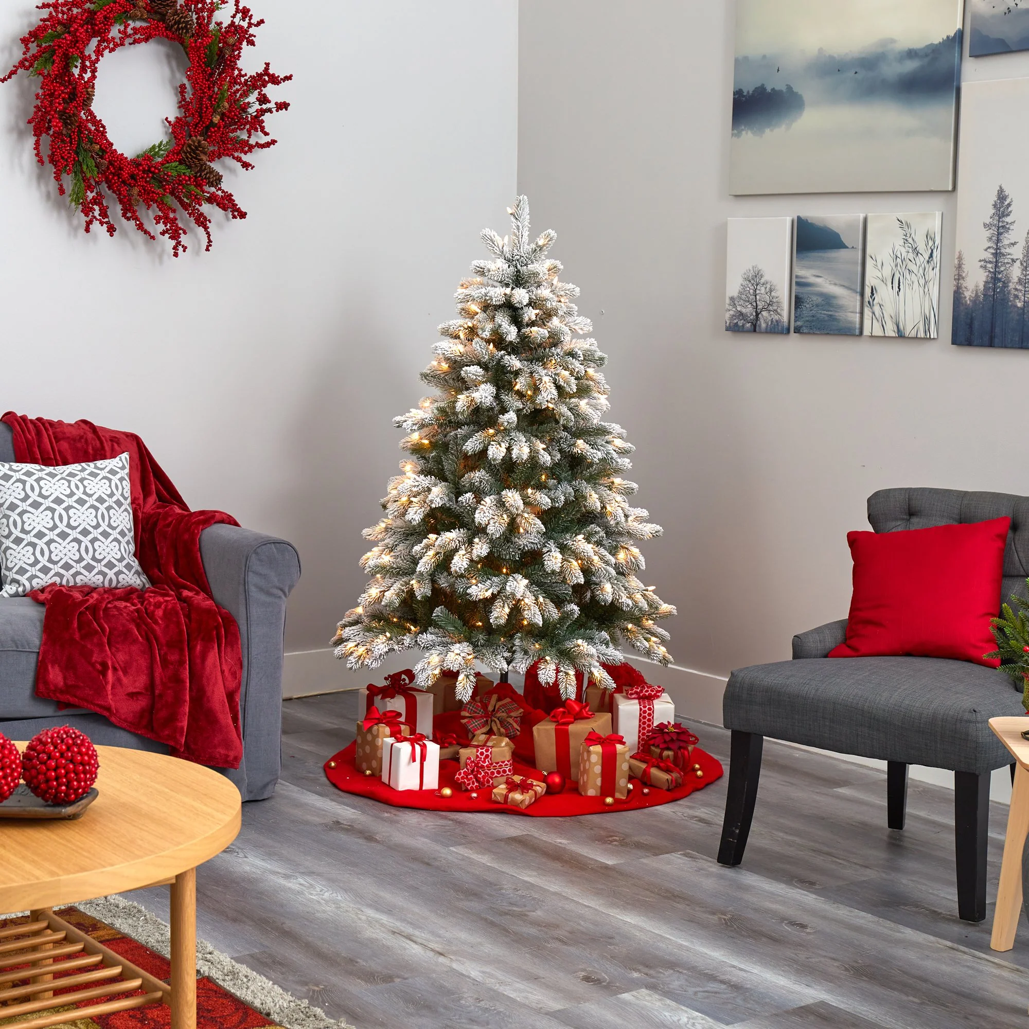 5’ Flocked South Carolina Spruce Artificial Christmas Tree with 300 Clear Lights and 621 Bendable Branches - Image 6