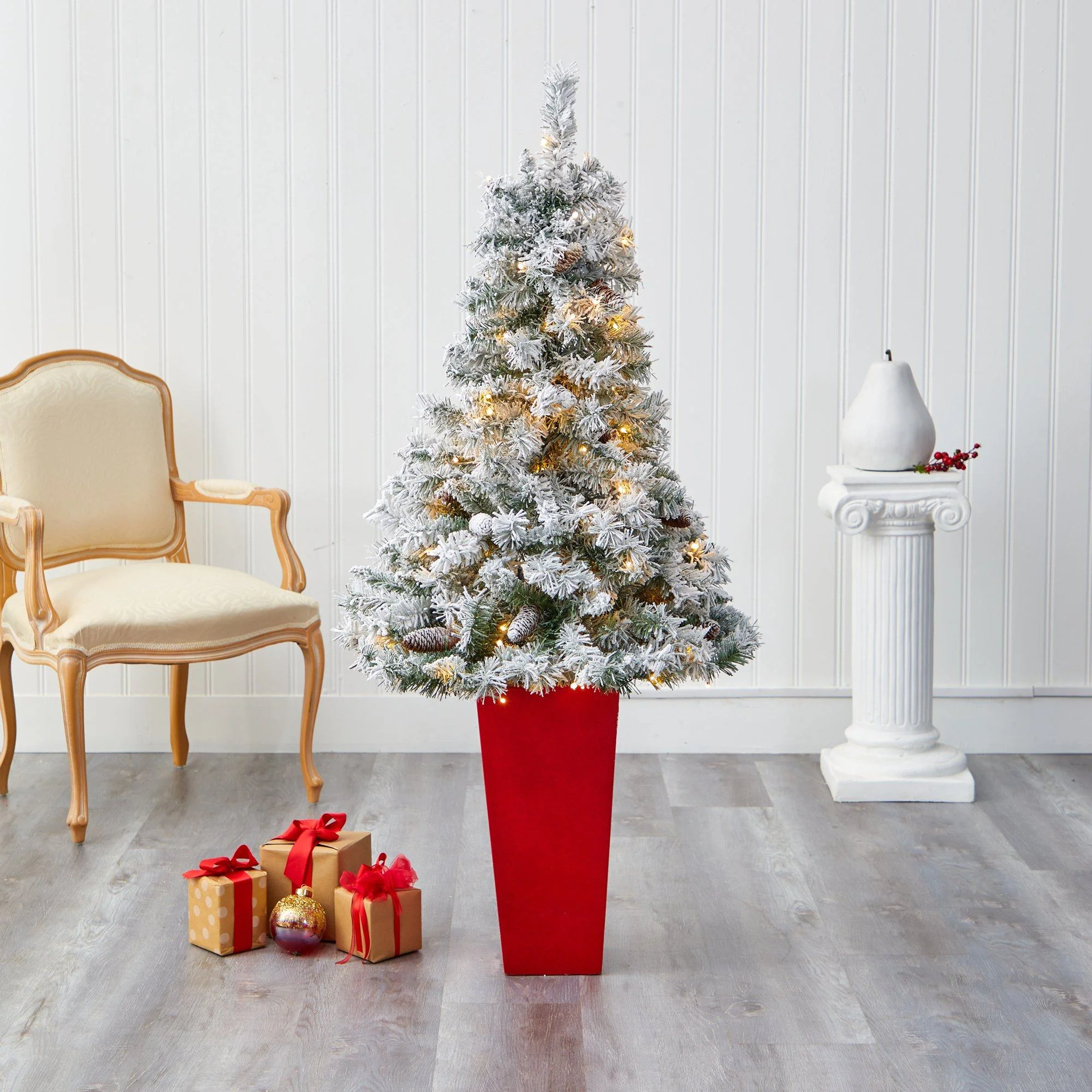 5' Flocked White River Mountain Pine Artificial Christmas Tree with Pinecones and 100 Clear LED Lights in Red Tower Planter - Image 7