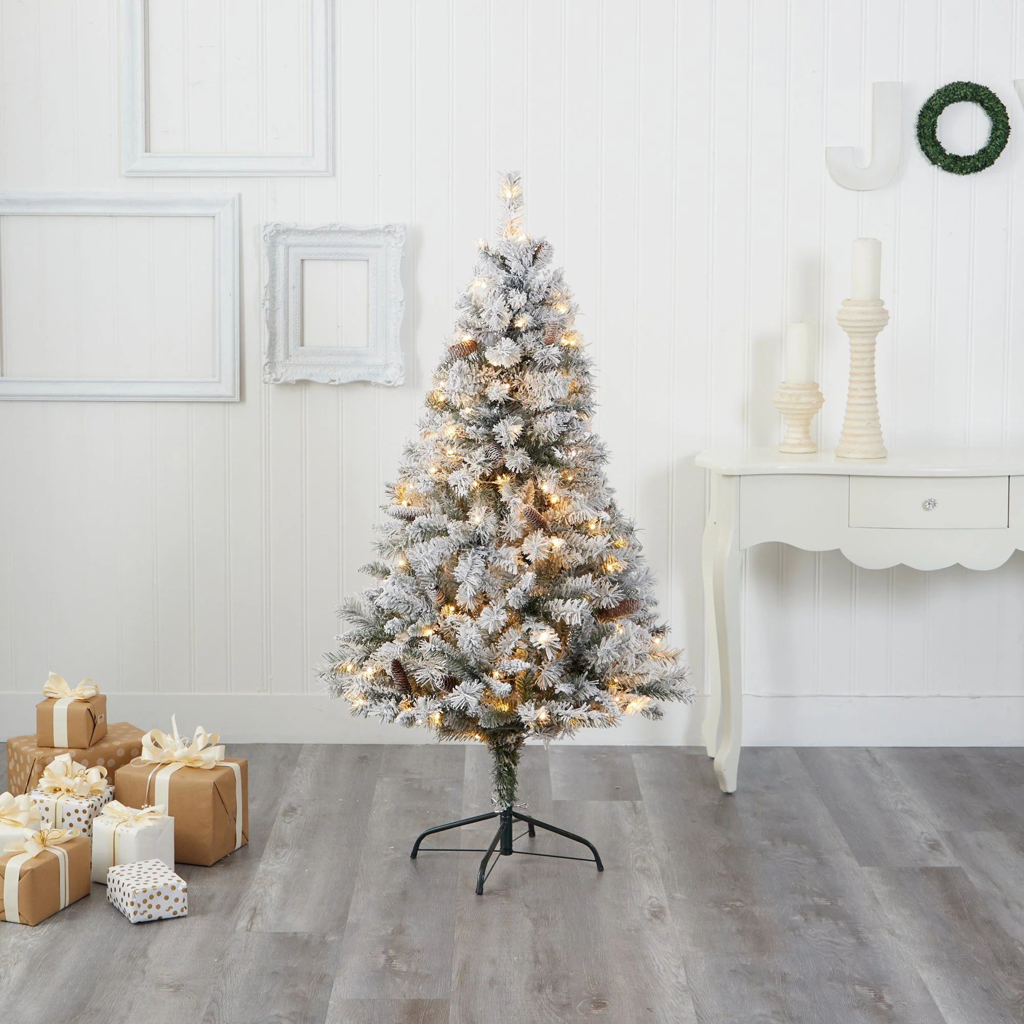 5' Flocked White River Mountain Pine Artificial Christmas Tree with Pinecones and 150 Clear LED Lights - Image 5