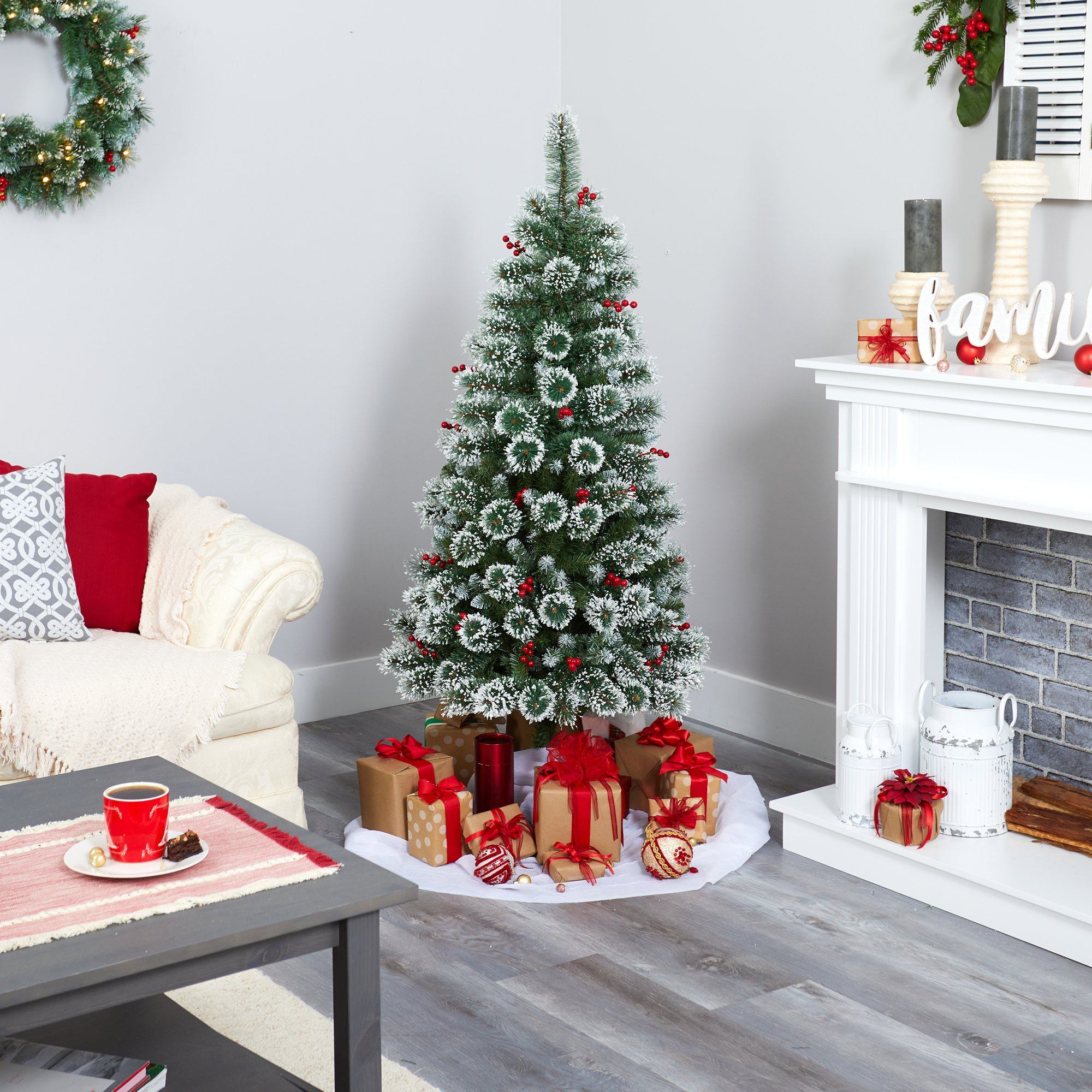 5’ Frosted Swiss Pine Artificial Christmas Tree with 200 Clear LED Lights and Berries - Image 7