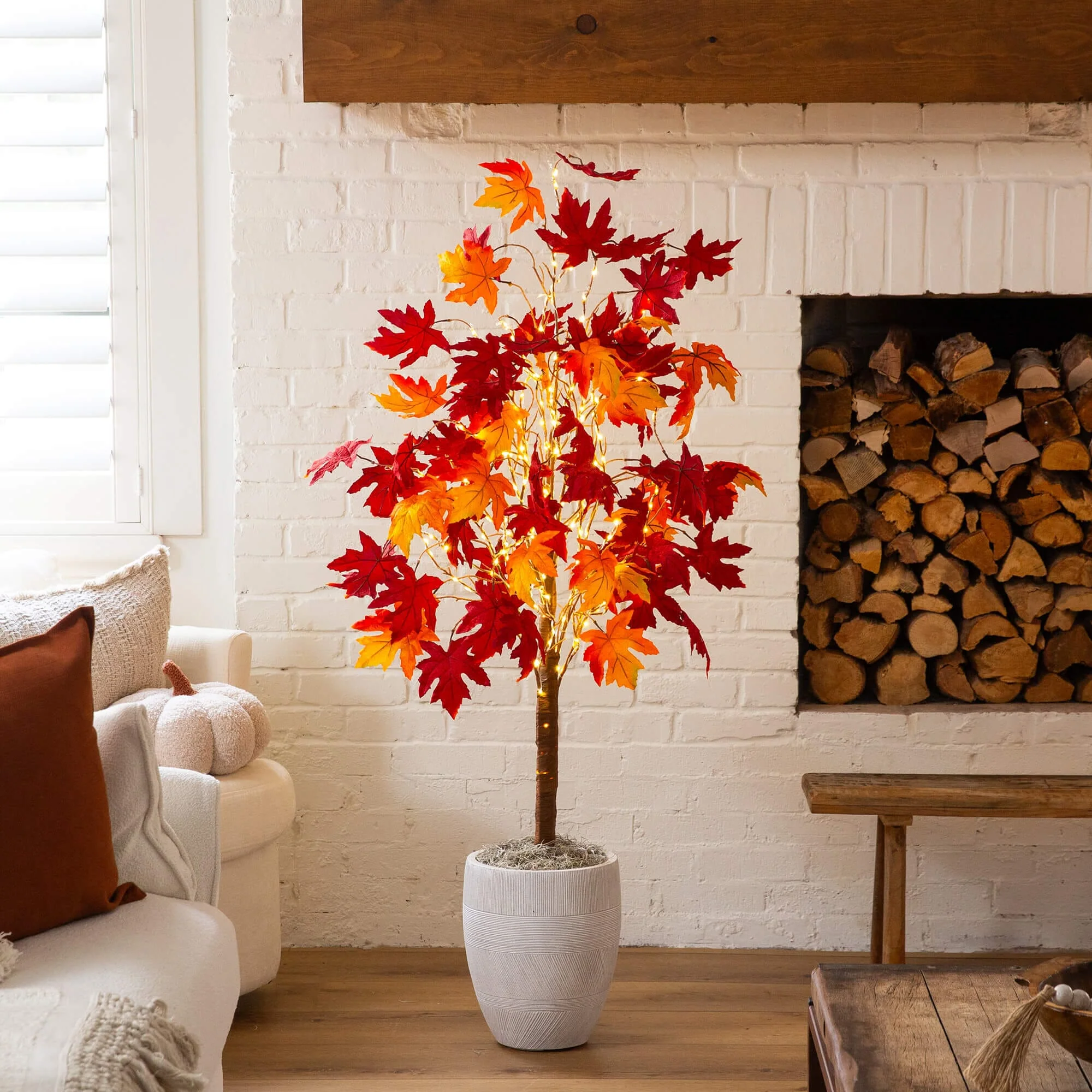 5' Pre-Lit Autumn Weeping Maple Artificial Fall Tree with 240 Warm White LED Lights - Image 3