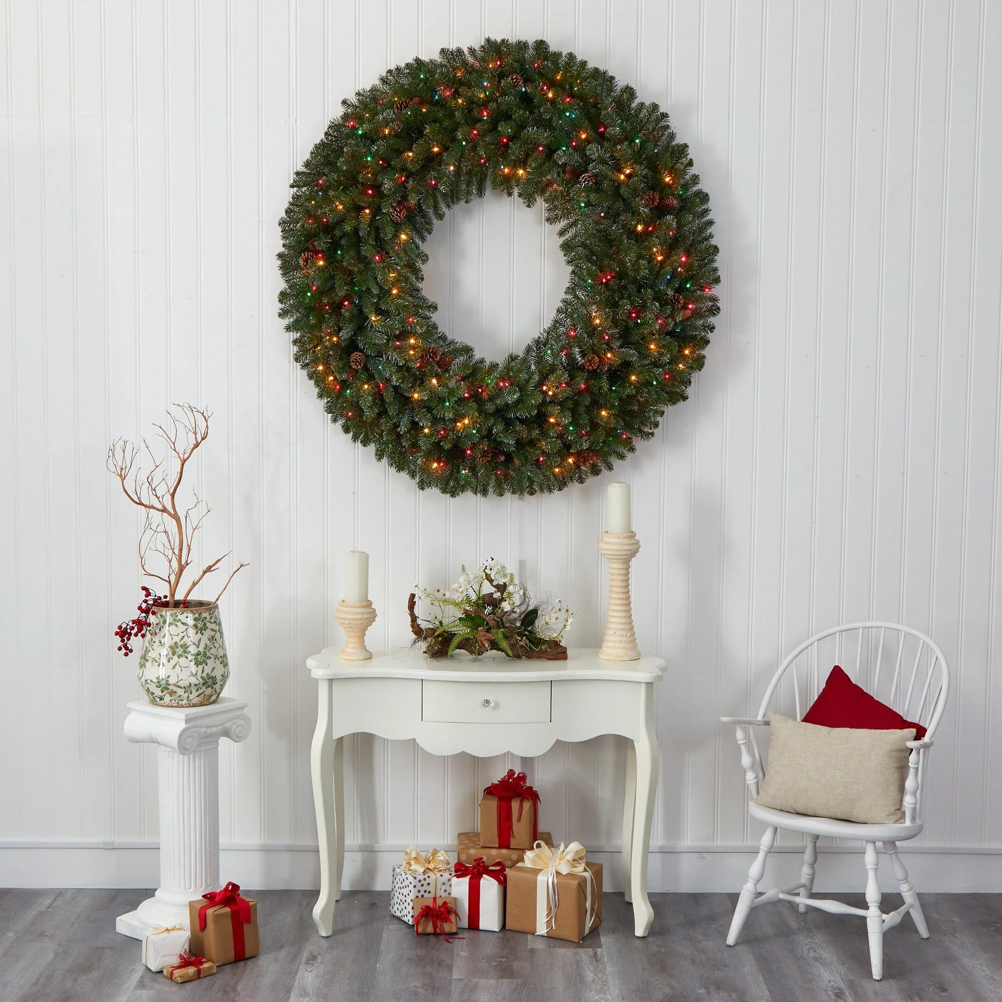 5’ Giant Flocked Artificial Christmas Wreath with 280 Multicolored Lights, Glitter and Pine Cones - Image 4