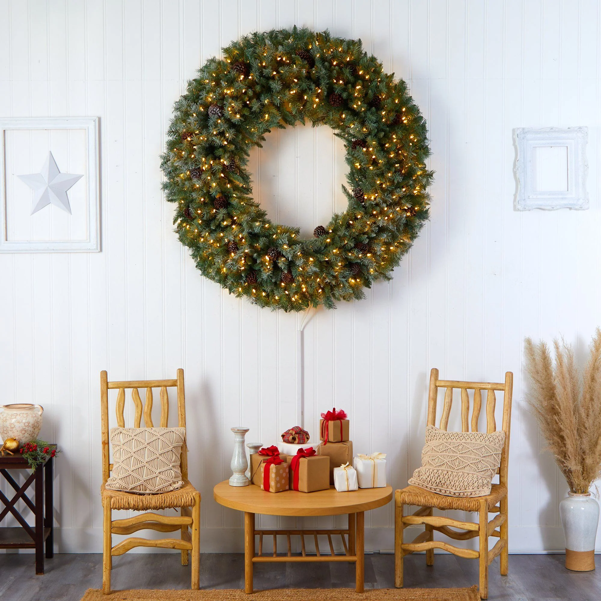 5’ Giant Flocked Christmas Wreath with Pinecones, 400 Clear LED Lights and 760 Bendable Branches - Image 5