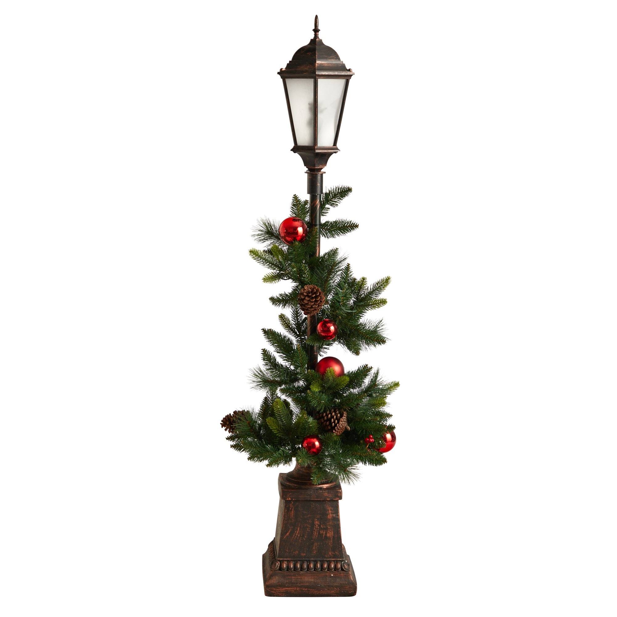 5' Holiday Decorated Lamp Post with Greenery, Ornaments and 50 LED Lights - Image 3