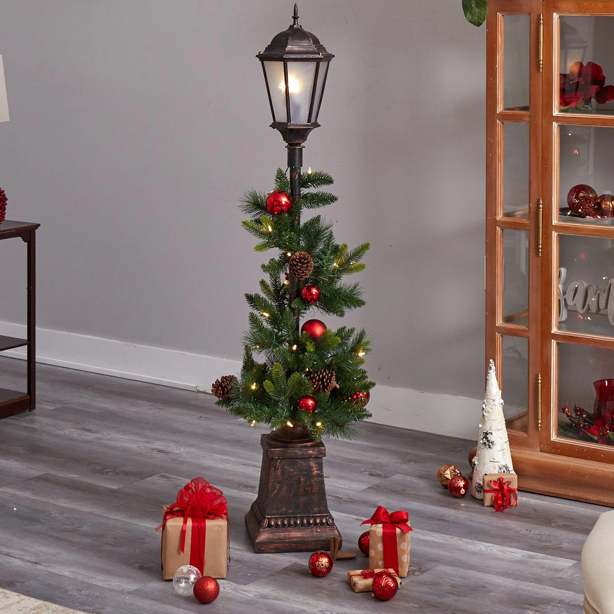 5' Holiday Decorated Lamp Post with Greenery, Ornaments and 50 LED Lights - Image 7