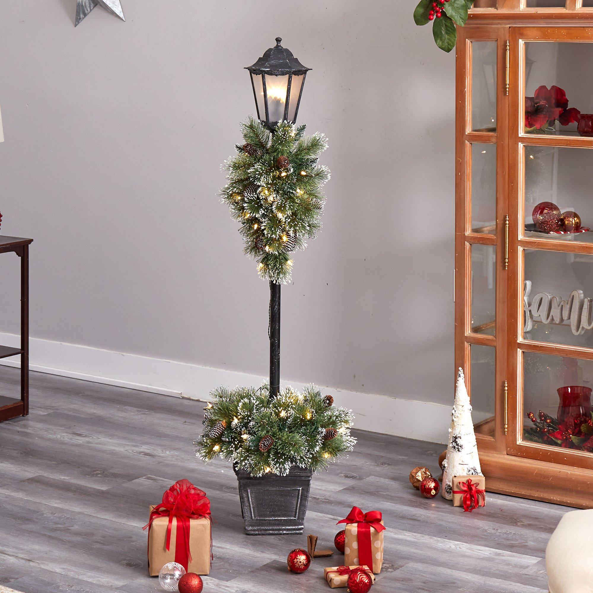 5’ Holiday Pre-lit Decorated Lamp Post with Artificial Greenery, Decorative Container & 50 LED Lights - Image 7