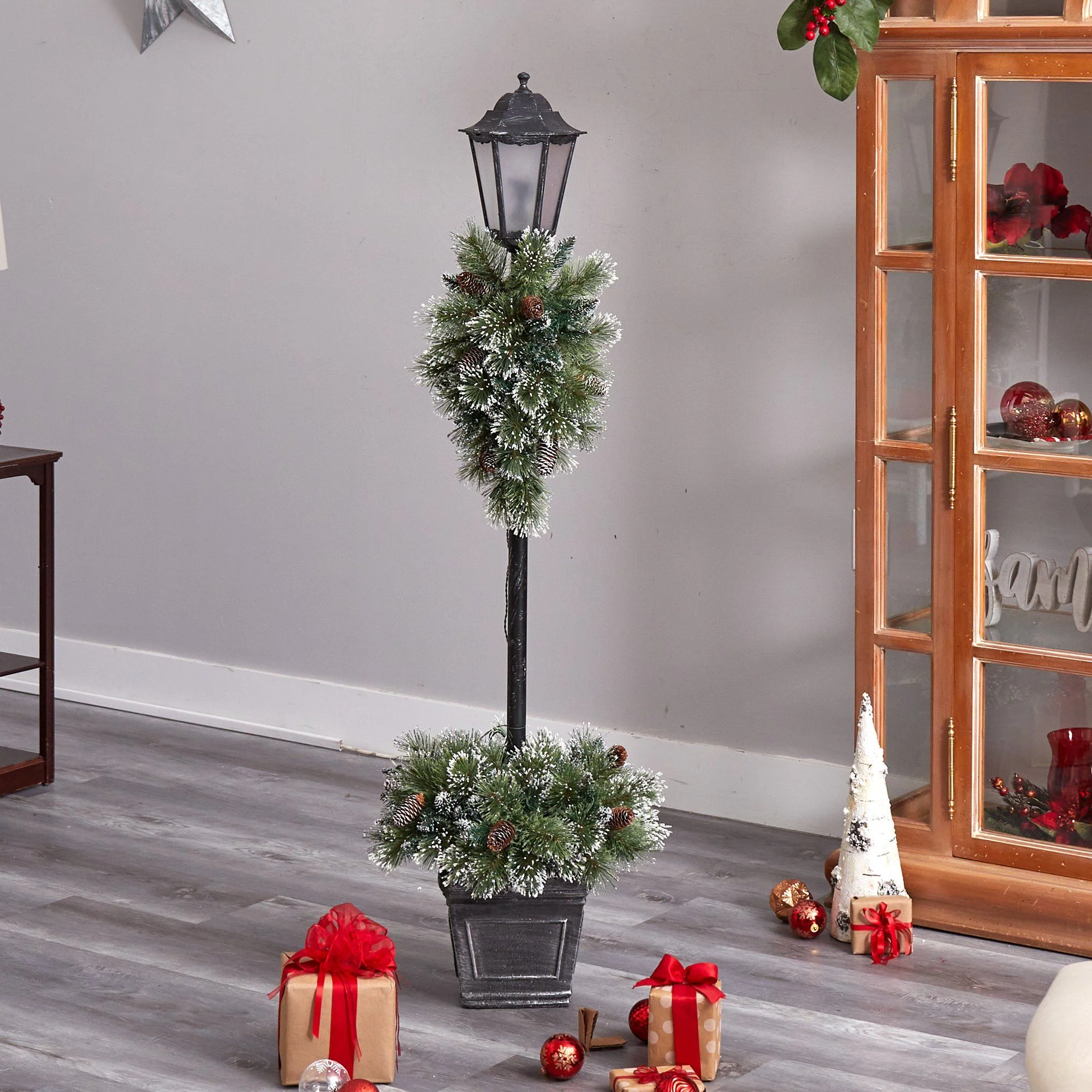 5’ Holiday Pre-lit Decorated Lamp Post with Artificial Greenery, Decorative Container & 50 LED Lights - Image 8