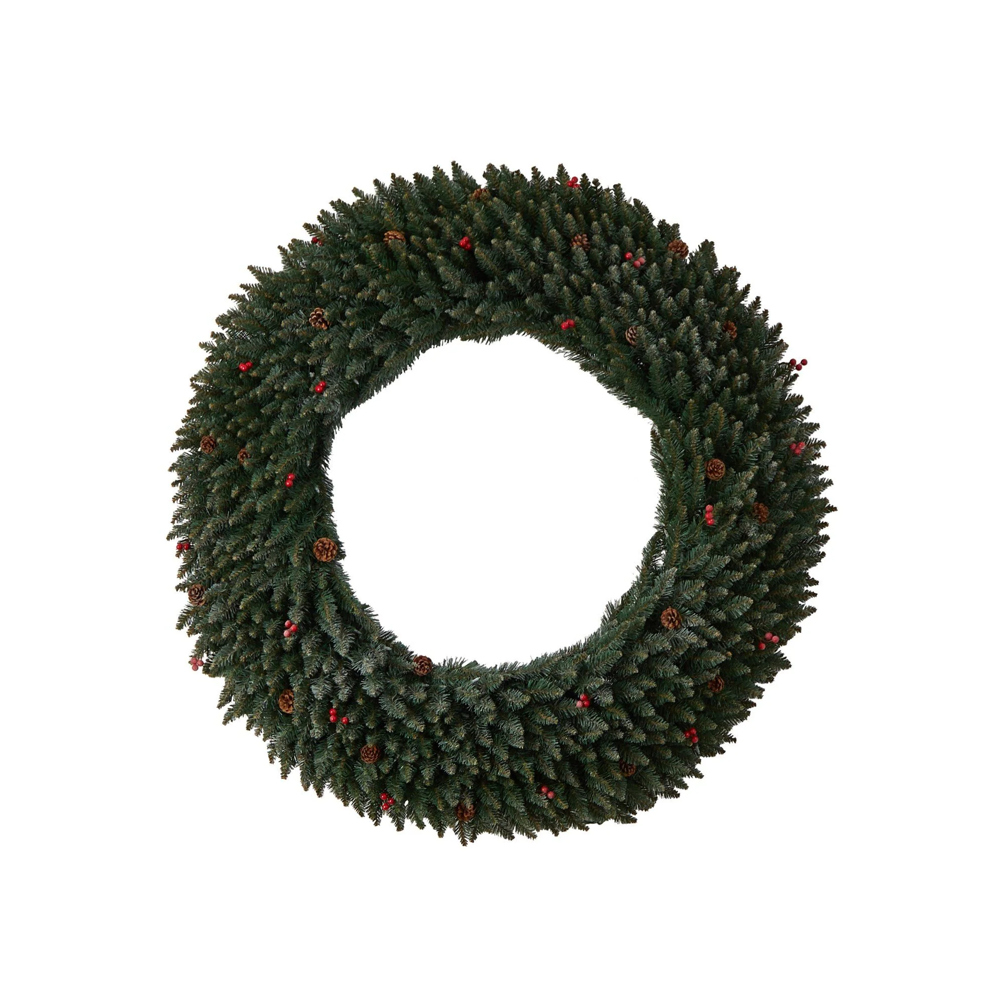 5’ Large Flocked Wreath with Pinecones, Berries, 400 Clear LED Lights and 820 Bendable Branches - Image 3