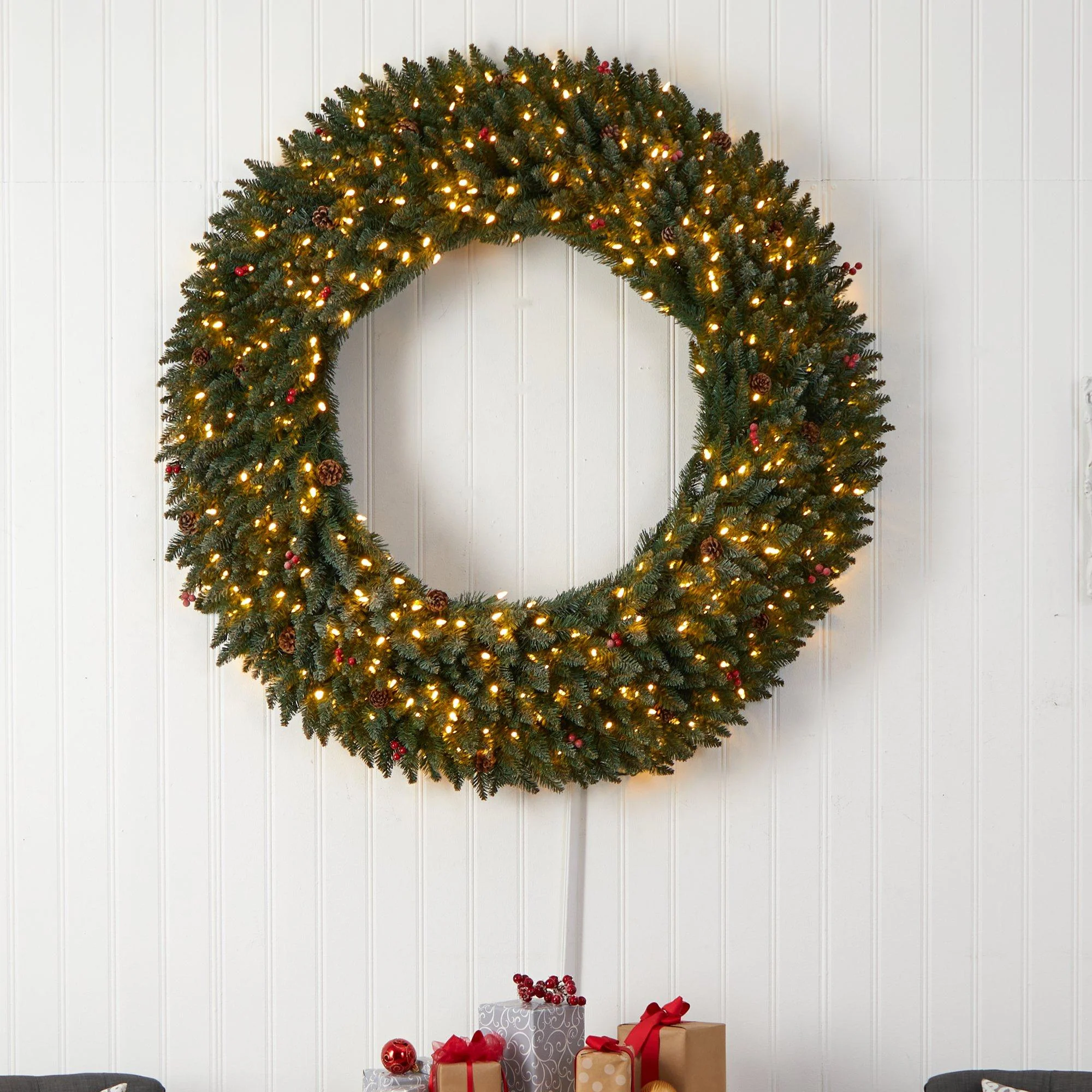 5’ Large Flocked Wreath with Pinecones, Berries, 400 Clear LED Lights and 820 Bendable Branches - Image 4