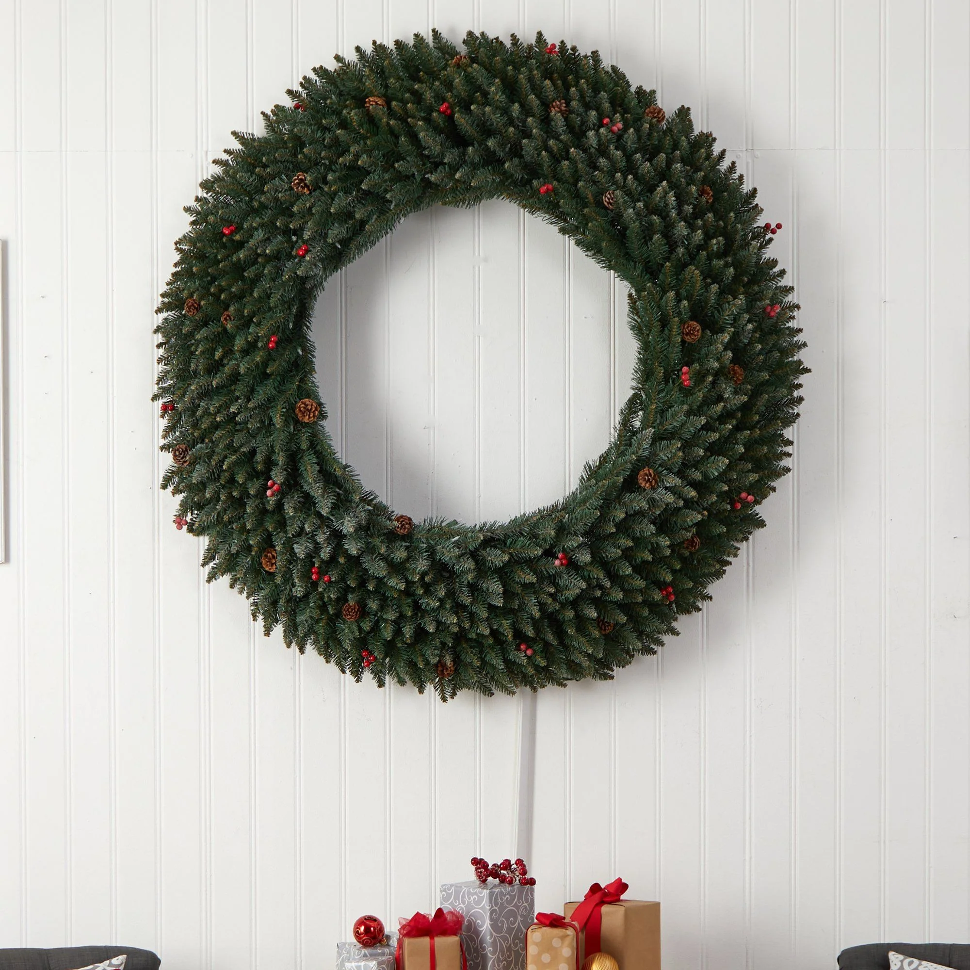 5’ Large Flocked Wreath with Pinecones, Berries, 400 Clear LED Lights and 820 Bendable Branches - Image 5