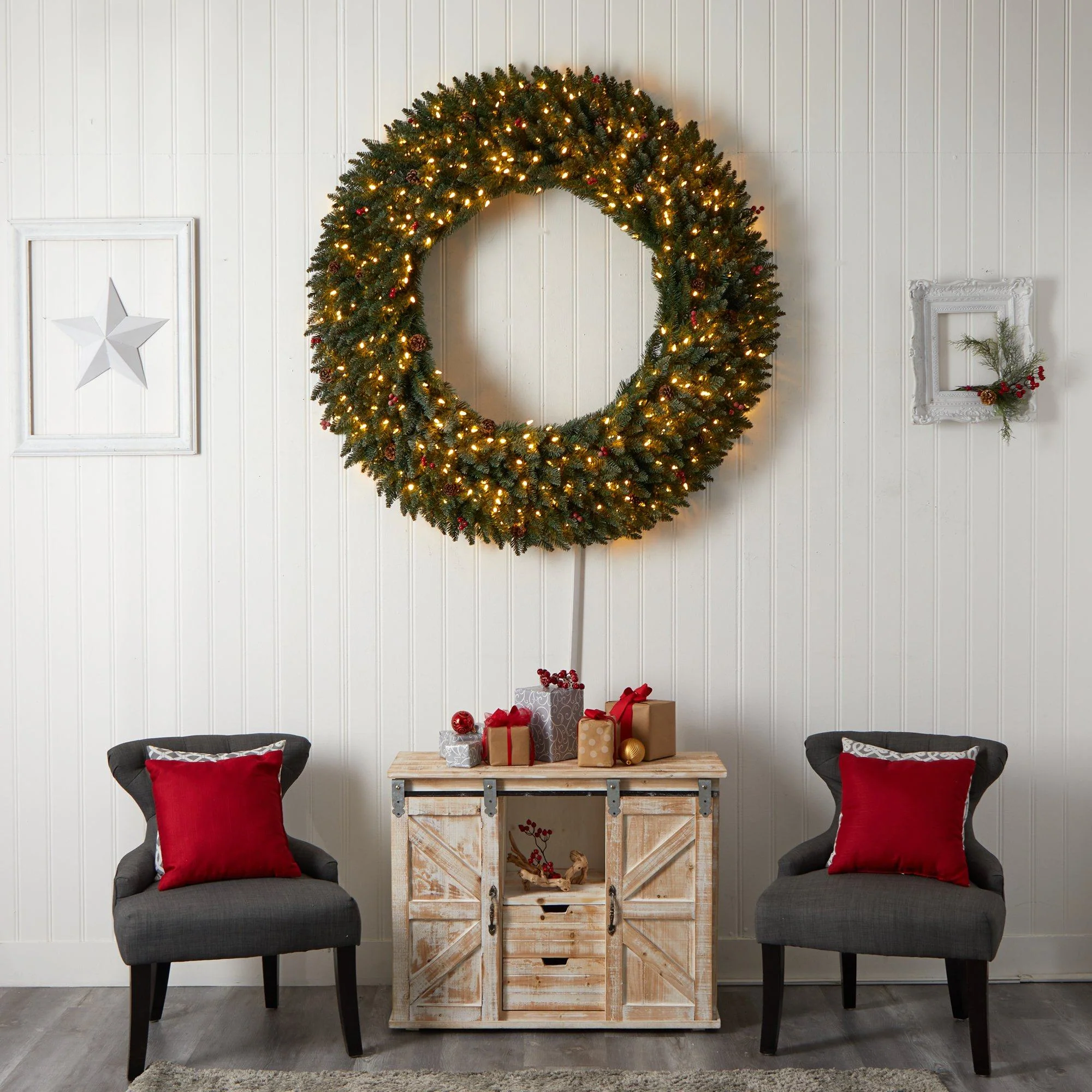 5’ Large Flocked Wreath with Pinecones, Berries, 400 Clear LED Lights and 820 Bendable Branches - Image 6
