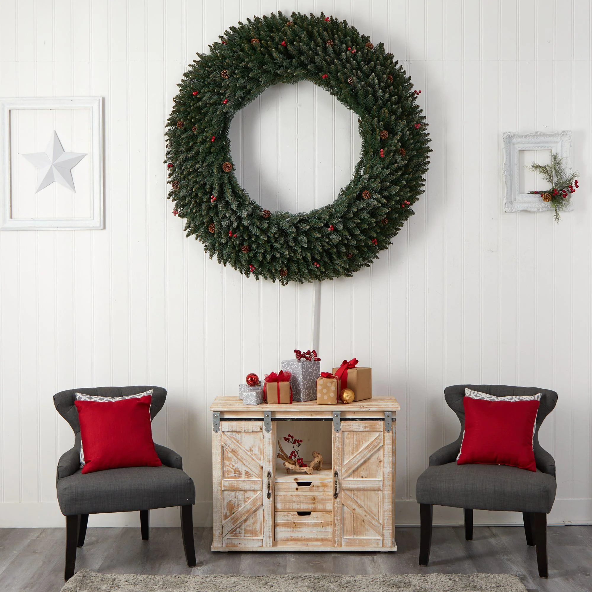 5’ Large Flocked Wreath with Pinecones, Berries, 400 Clear LED Lights and 820 Bendable Branches - Image 7