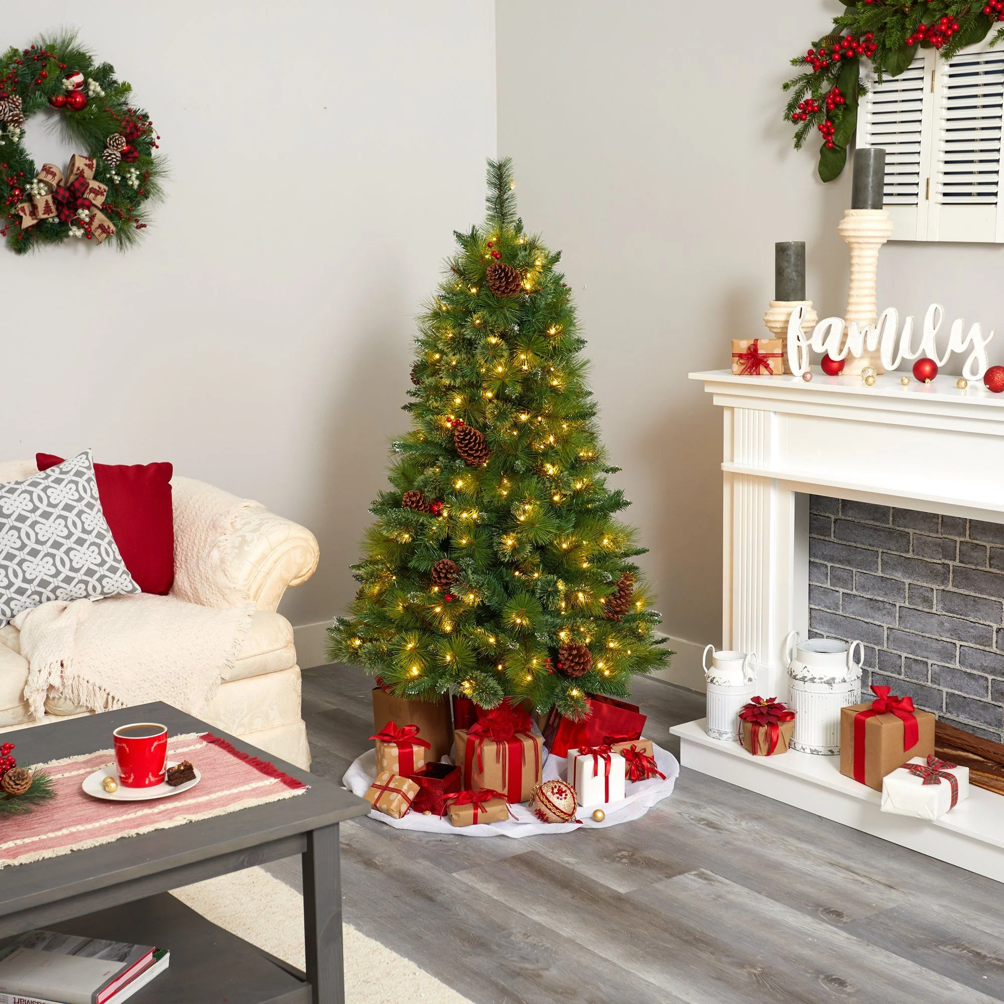 5’ Montana Mixed Pine Artificial Christmas Tree with Pine Cones, Berries and 250 Clear LED Lights - Image 5