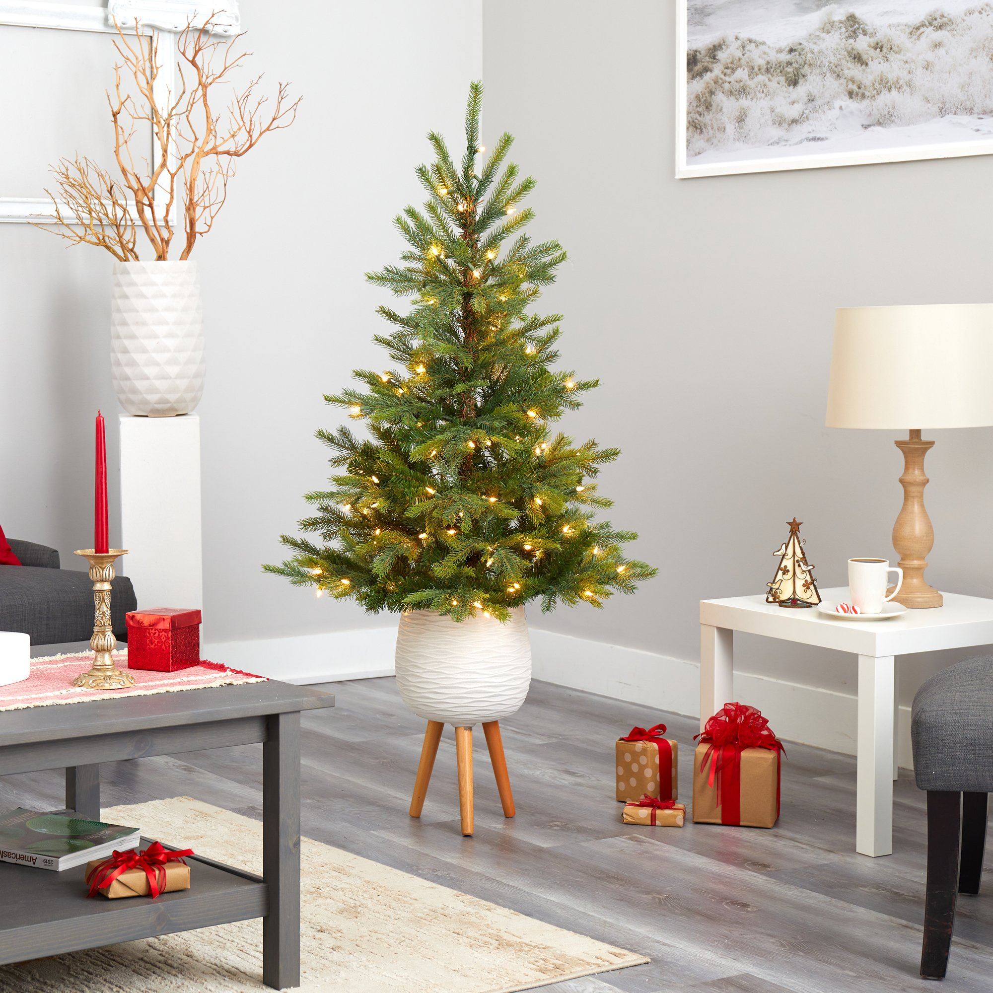 5’ North Carolina Spruce Artificial Christmas Tree with 100 Clear Lights and 207 Bendable Branches in White Planter with Stand - Image 8