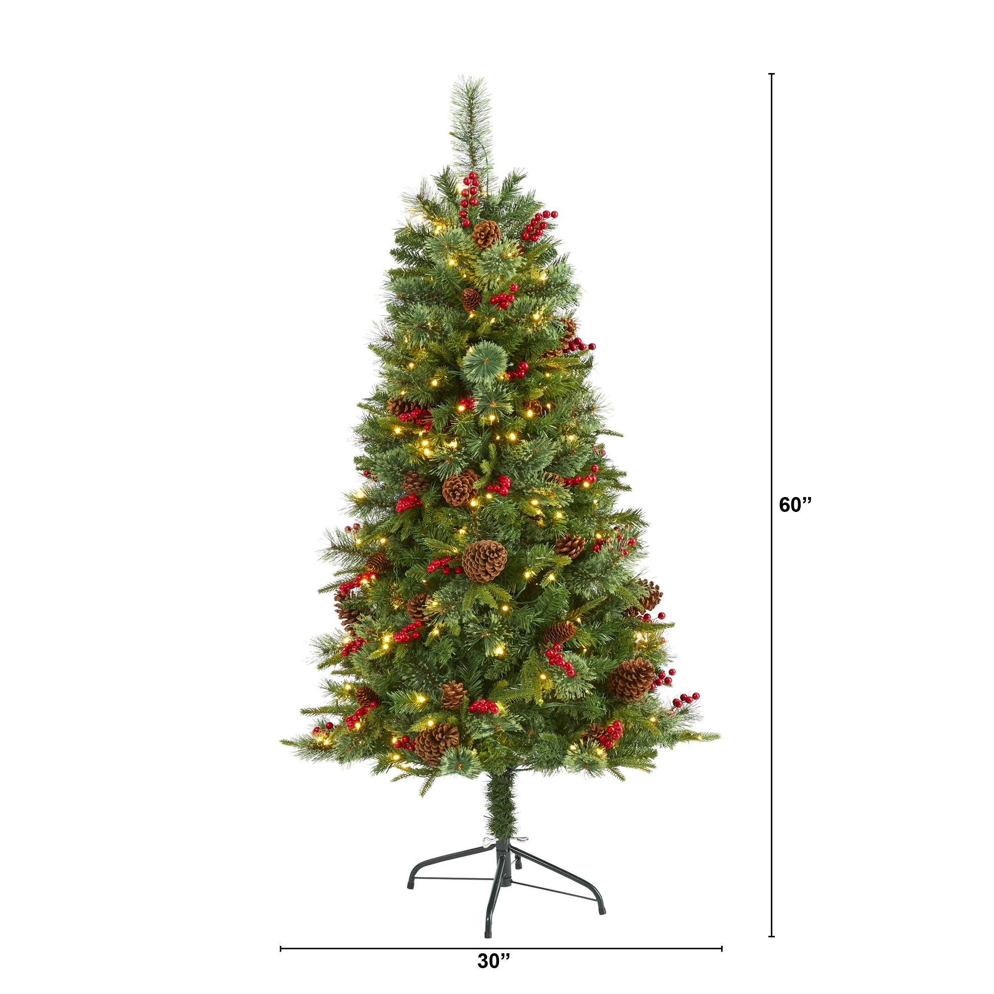 5’ Norway Mixed Pine Artificial Christmas Tree with 200 Clear LED Lights, Pine Cones and Berries - Image 2