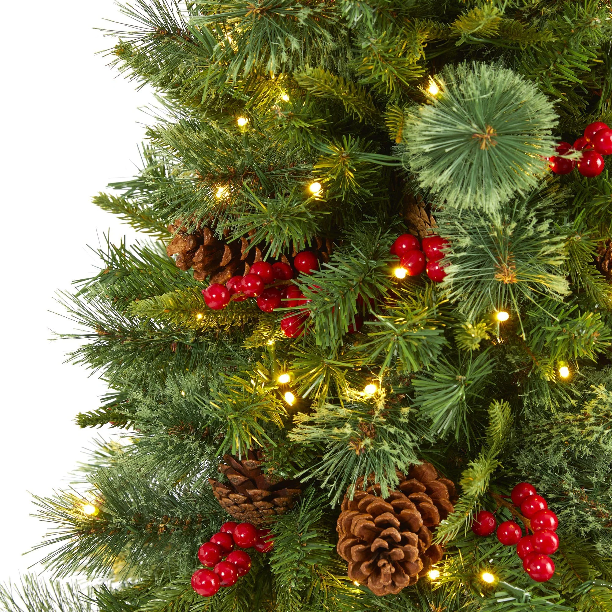 5’ Norway Mixed Pine Artificial Christmas Tree with 200 Clear LED Lights, Pine Cones and Berries - Image 3