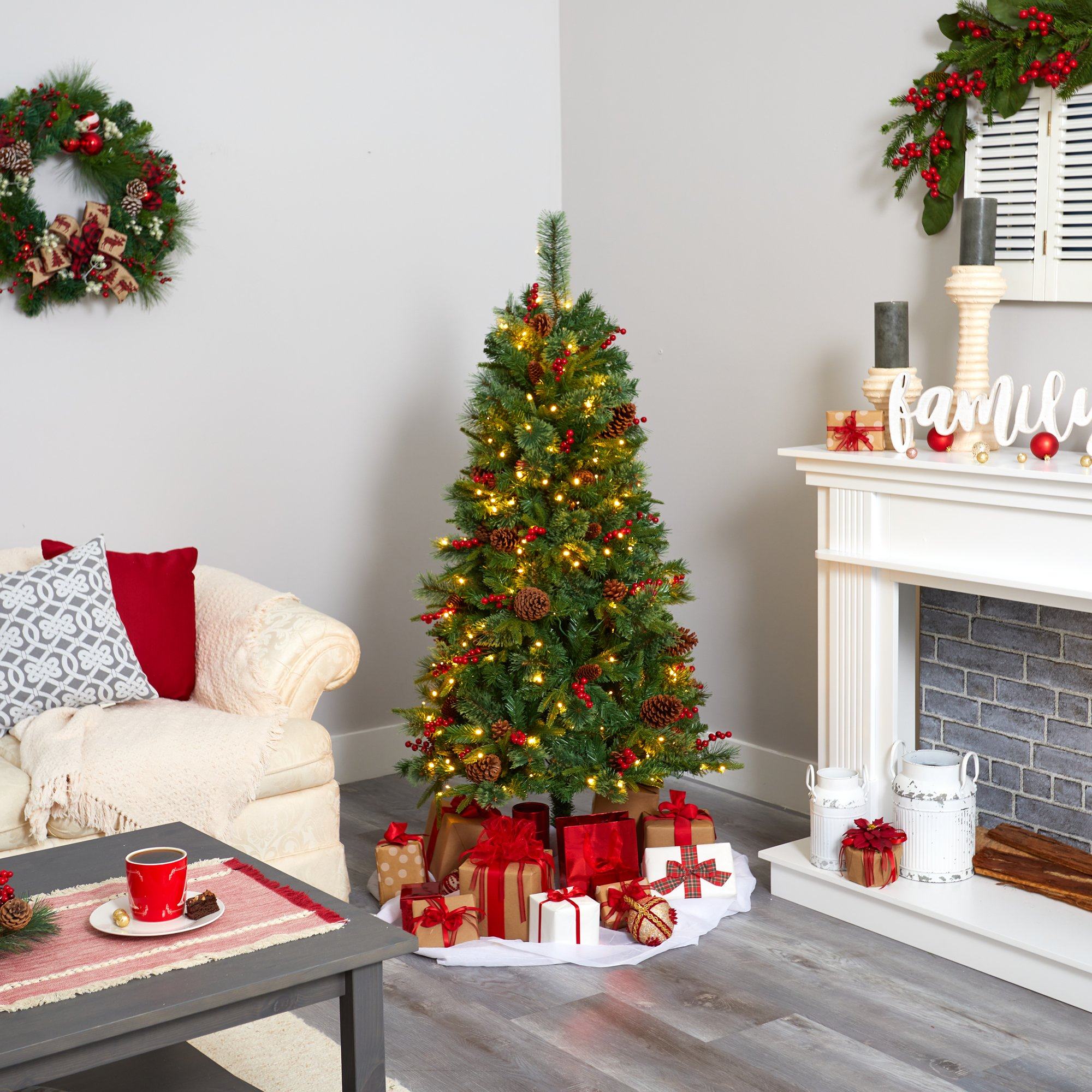 5’ Norway Mixed Pine Artificial Christmas Tree with 200 Clear LED Lights, Pine Cones and Berries - Image 5