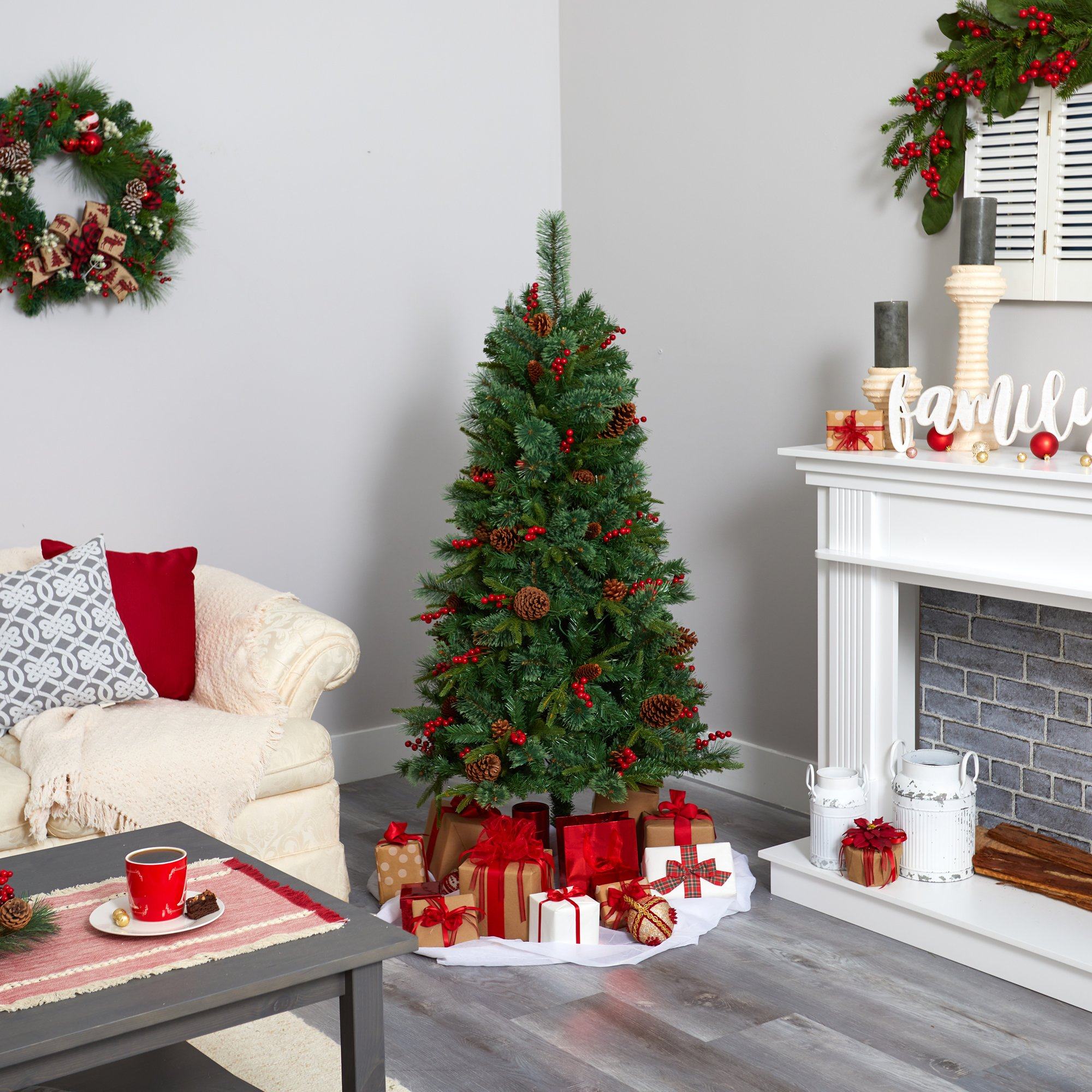 5’ Norway Mixed Pine Artificial Christmas Tree with 200 Clear LED Lights, Pine Cones and Berries - Image 6