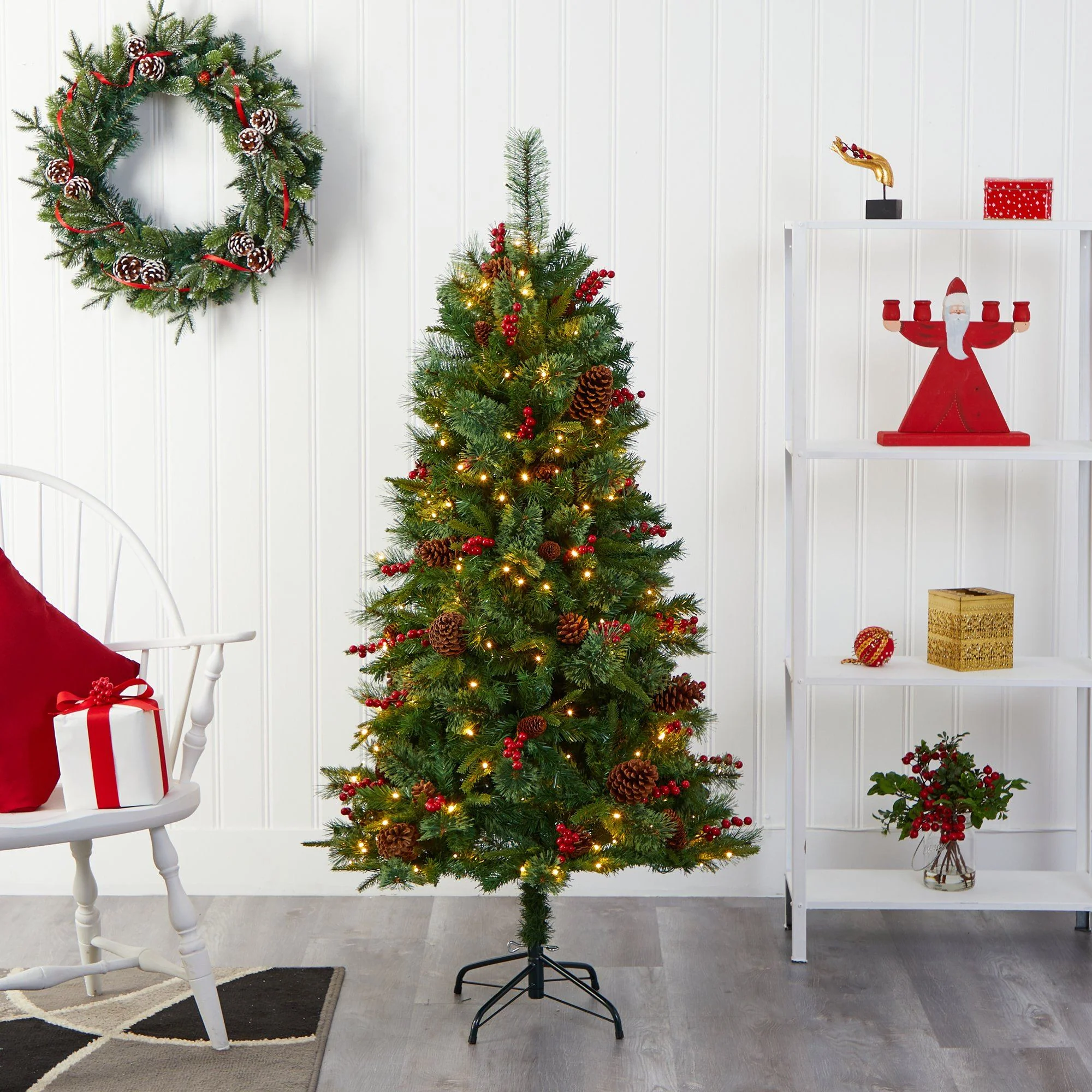 5’ Norway Mixed Pine Artificial Christmas Tree with 200 Clear LED Lights, Pine Cones and Berries - Image 7