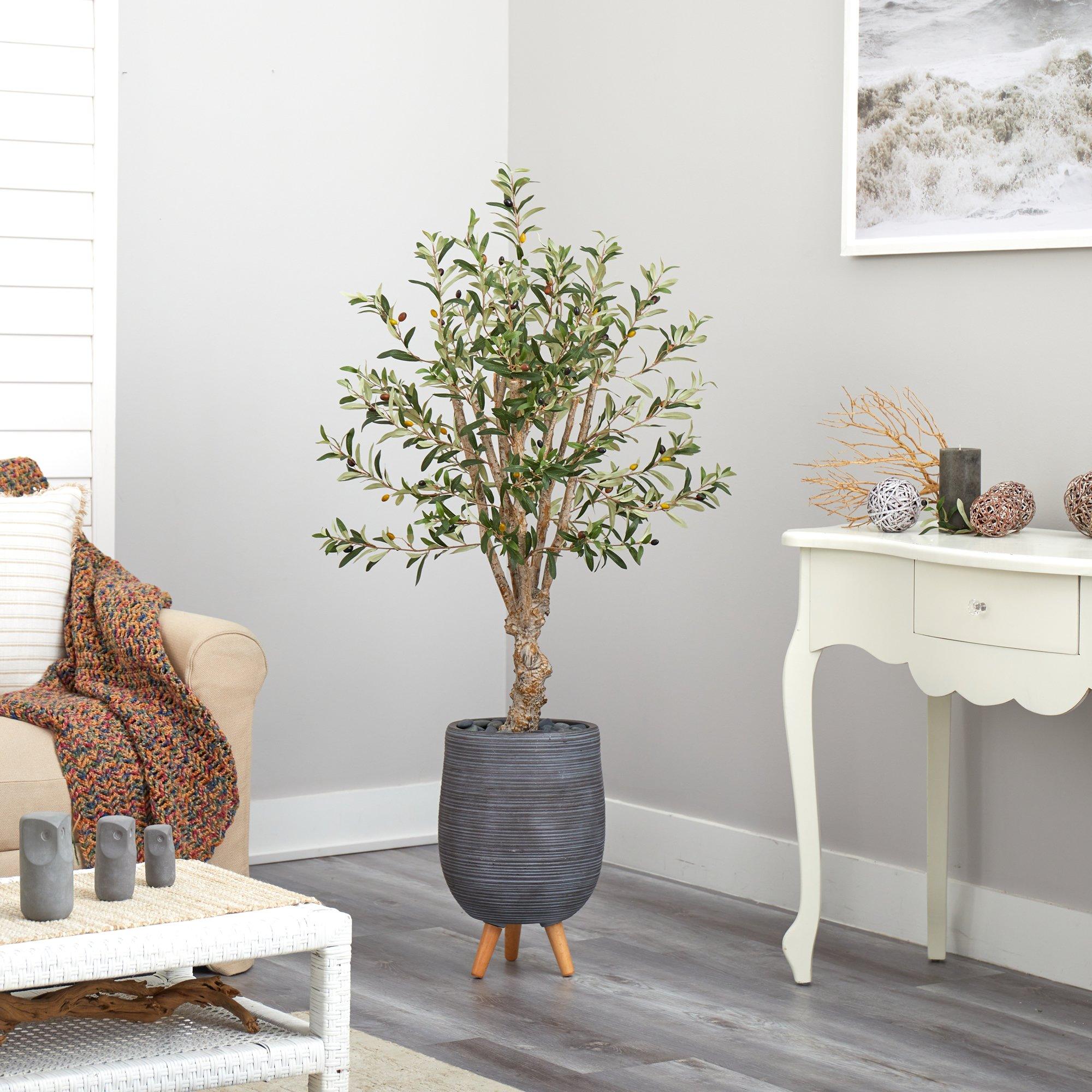 5’ Olive Artificial Tree in Gray Tri-Pod Planter - Image 3