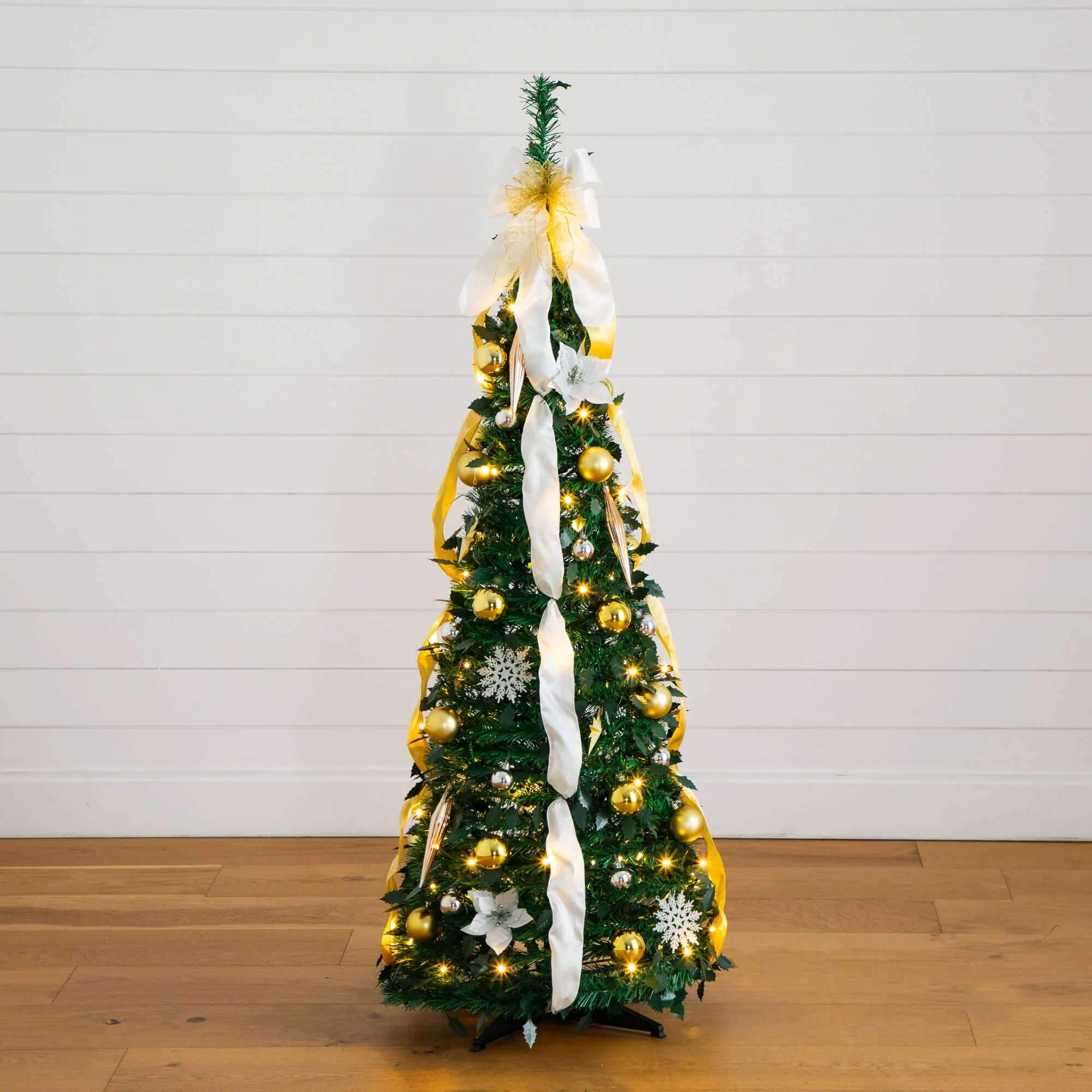 5' Pre-Lit Artificial Pop up Christmas Tree with Gold & Silver Ornaments, Ribbons and 100 Warm White LED Lights - Image 4
