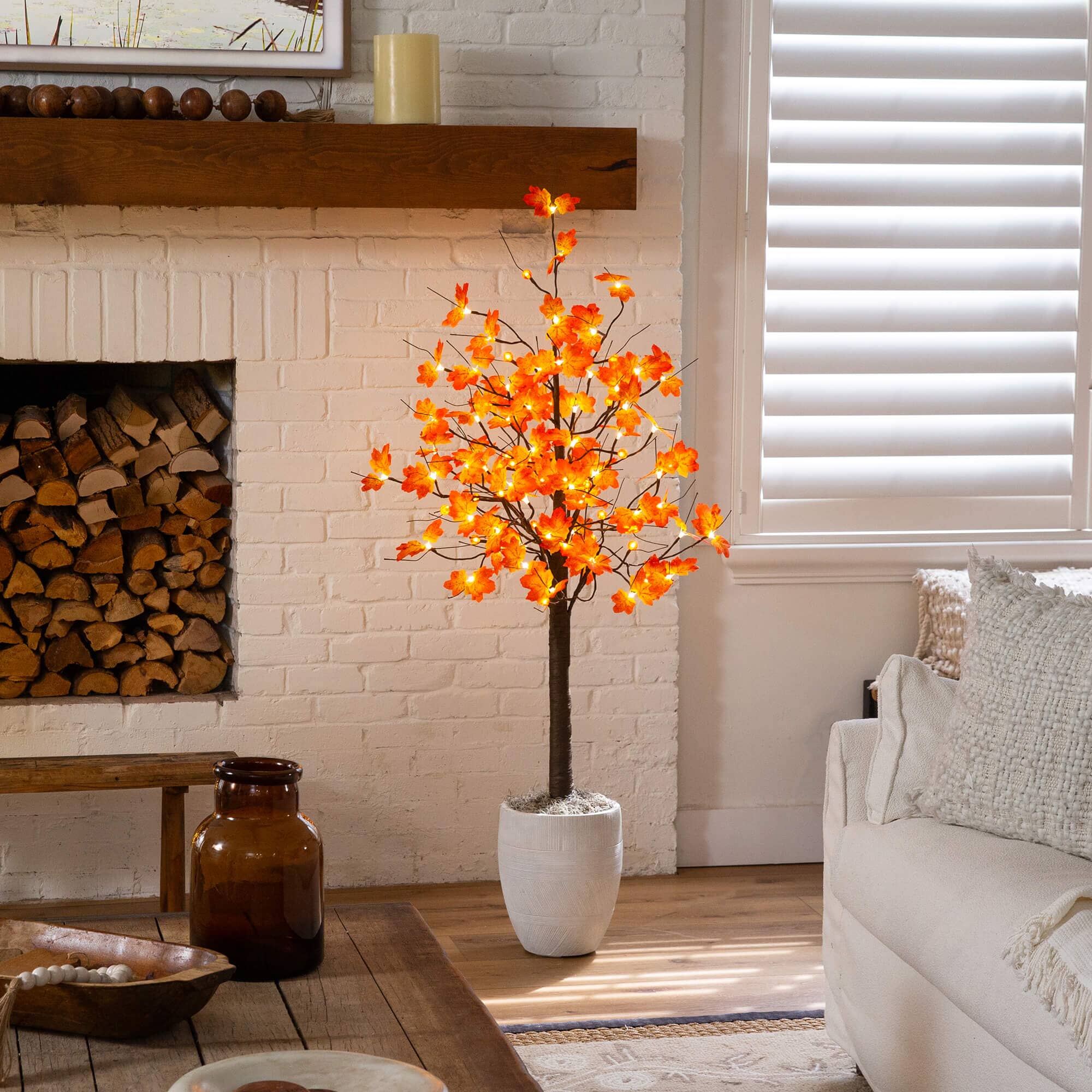 5' Pre-Lit Minimalist Autumn Maple Artificial Fall Tree with 96 LED Warm White & Orange Pumpkin Shaped Lights - Image 3