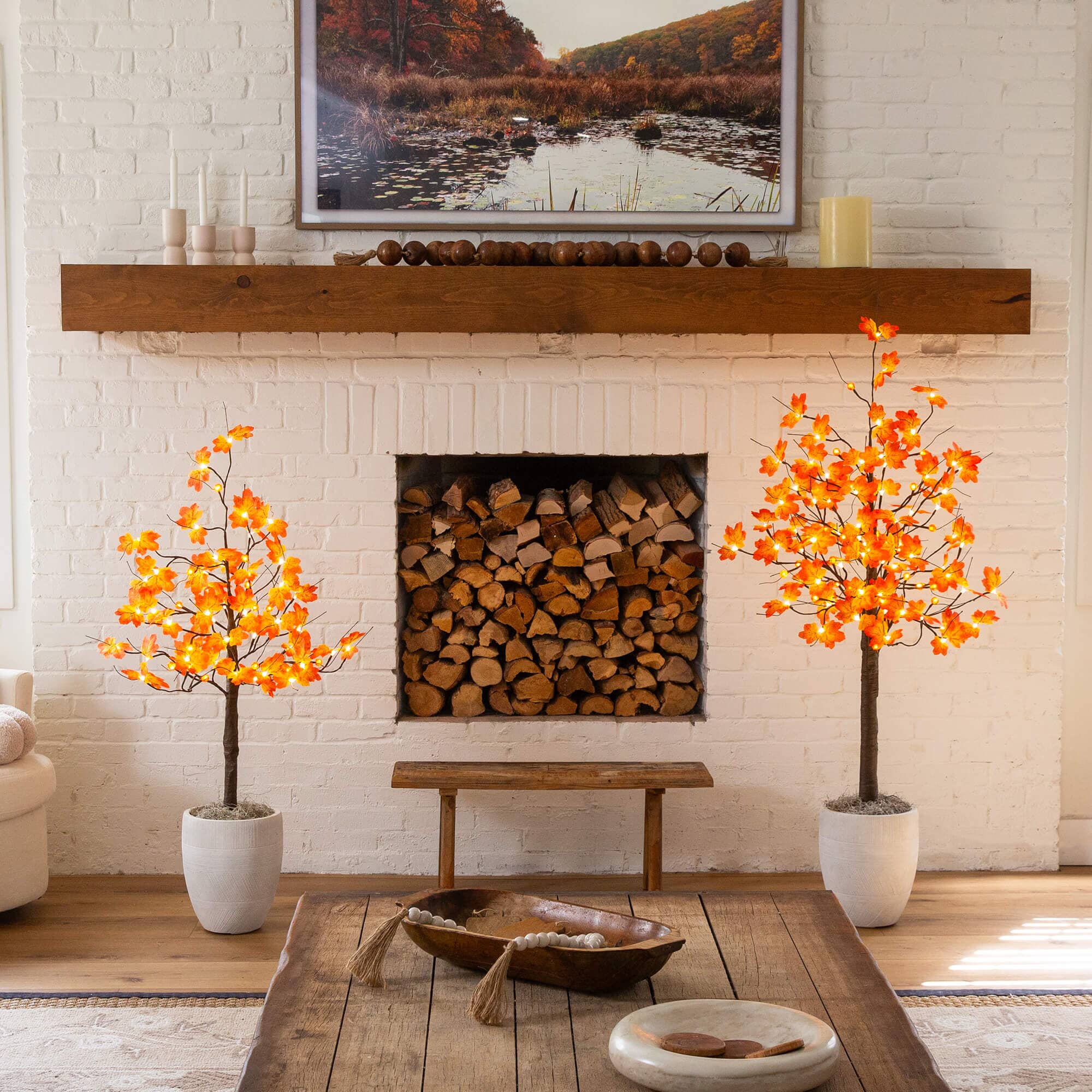 5' Pre-Lit Minimalist Autumn Maple Artificial Fall Tree with 96 LED Warm White & Orange Pumpkin Shaped Lights - Image 5